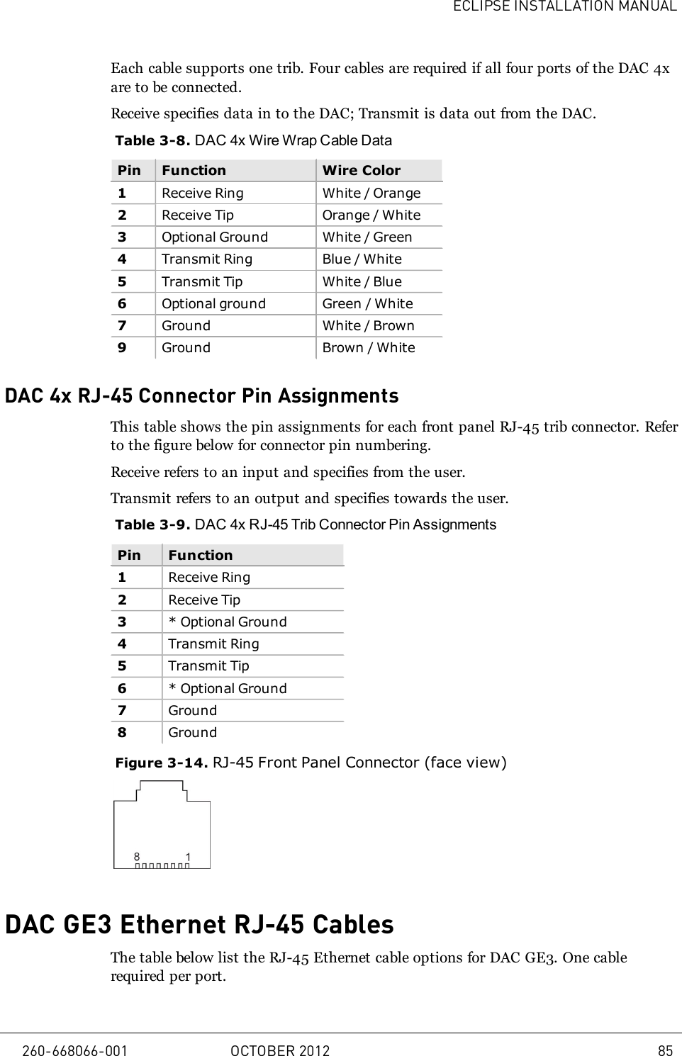 ECLIPSE INSTALLATION MANUALEach cable supports one trib. Four cables are required if all four ports of the DAC 4xare to be connected.Receive specifies data in to the DAC; Transmit is data out from the DAC.Table 3-8. DAC 4x Wire Wrap Cable DataPin Function Wire Color1Receive Ring White / Orange2Receive Tip Orange / White3Optional Ground White / Green4Transmit Ring Blue / White5Transmit Tip White / Blue6Optional ground Green / White7Ground White / Brown9Ground Brown / WhiteDAC 4x RJ-45 Connector Pin AssignmentsThis table shows the pin assignments for each front panel RJ-45 trib connector. Referto the figure below for connector pin numbering.Receive refers to an input and specifies from the user.Transmit refers to an output and specifies towards the user.Table 3-9. DAC 4x RJ-45 Trib Connector Pin AssignmentsPin Function1Receive Ring2Receive Tip3* Optional Ground4Transmit Ring5Transmit Tip6* Optional Ground7Ground8GroundFigure 3-14. RJ-45 Front Panel Connector (face view)DAC GE3 Ethernet RJ-45 CablesThe table below list the RJ-45 Ethernet cable options for DAC GE3. One cablerequired per port.260-668066-001 OCTOBER 2012 85