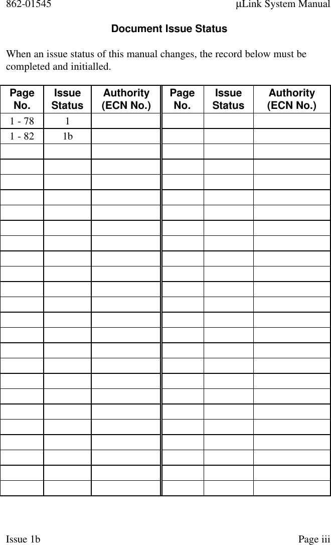 862-01545 µLink System ManualIssue 1b Page iiiDocument Issue StatusWhen an issue status of this manual changes, the record below must becompleted and initialled.PageNo. IssueStatus Authority(ECN No.) PageNo. IssueStatus Authority(ECN No.)1 - 78 11 - 82 1b