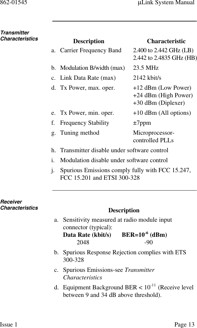 862-01545 µLink System ManualIssue 1 Page 13TransmitterCharacteristics Description Characteristica. Carrier Frequency Band 2.400 to 2.442 GHz (LB)2.442 to 2.4835 GHz (HB)b. Modulation B/width (max) 23.5 MHzc. Link Data Rate (max) 2142 kbit/sd. Tx Power, max. oper. +12 dBm (Low Power)+24 dBm (High Power)+30 dBm (Diplexer)e. Tx Power, min. oper. +10 dBm (All options)f. Frequency Stability ±7ppmg. Tuning method Microprocessor-controlled PLLsh. Transmitter disable under software controli. Modulation disable under software controlj. Spurious Emissions comply fully with FCC 15.247,FCC 15.201 and ETSI 300-328ReceiverCharacteristics Descriptiona. Sensitivity measured at radio module inputconnector (typical):Data Rate (kbit/s) BER=10-6 (dBm)2048 -90b. Spurious Response Rejection complies with ETS300-328c. Spurious Emissions-see TransmitterCharacteristicsd. Equipment Background BER &lt; 10-11  (Receive levelbetween 9 and 34 dB above threshold).