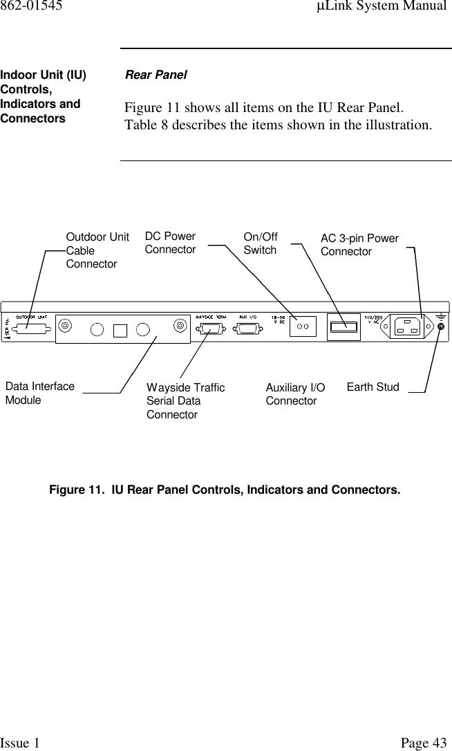 862-01545 µLink System ManualIssue 1 Page 43Indoor Unit (IU)Controls,Indicators andConnectorsRear PanelFigure 11 shows all items on the IU Rear Panel.Table 8 describes the items shown in the illustration.Figure 11.  IU Rear Panel Controls, Indicators and Connectors.AC 3-pin PowerConnectorData InterfaceModule Earth StudDC PowerConnectorAuxiliary I/OConnectorWayside TrafficSerial DataConnectorOutdoor UnitCableConnectorOn/OffSwitch