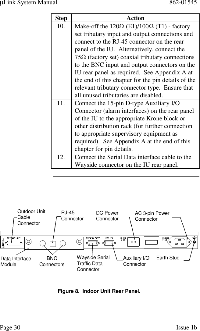 µLink System Manual 862-01545Page 30 Issue 1bStep Action10. Make-off the 120Ω (E1)/100Ω (T1) - factoryset tributary input and output connections andconnect to the RJ-45 connector on the rearpanel of the IU.  Alternatively, connect the75Ω (factory set) coaxial tributary connectionsto the BNC input and output connectors on theIU rear panel as required.  See Appendix A atthe end of this chapter for the pin details of therelevant tributary connector type.  Ensure thatall unused tributaries are disabled.11. Connect the 15-pin D-type Auxiliary I/OConnector (alarm interfaces) on the rear panelof the IU to the appropriate Krone block orother distribution rack (for further connectionto appropriate supervisory equipment asrequired).  See Appendix A at the end of thischapter for pin details.12. Connect the Serial Data interface cable to theWayside connector on the IU rear panel.Figure 8.  Indoor Unit Rear Panel.AC 3-pin PowerConnectorEarth StudDC PowerConnectorAuxiliary I/OConnectorWayside SerialTraffic DataConnectorOutdoor UnitCableConnectorRJ-45ConnectorData InterfaceModule BNCConnectors