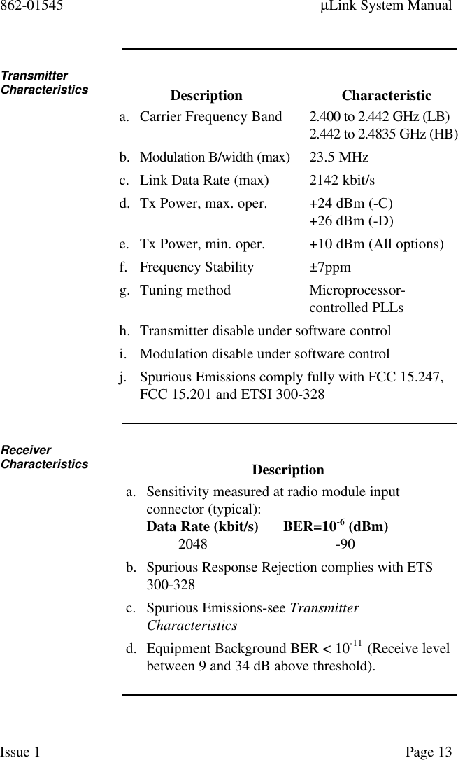 862-01545 µLink System ManualIssue 1 Page 13TransmitterCharacteristics Description Characteristica. Carrier Frequency Band 2.400 to 2.442 GHz (LB)2.442 to 2.4835 GHz (HB)b. Modulation B/width (max) 23.5 MHzc. Link Data Rate (max) 2142 kbit/sd. Tx Power, max. oper. +24 dBm (-C)+26 dBm (-D)e. Tx Power, min. oper. +10 dBm (All options)f. Frequency Stability ±7ppmg. Tuning method Microprocessor-controlled PLLsh. Transmitter disable under software controli. Modulation disable under software controlj. Spurious Emissions comply fully with FCC 15.247,FCC 15.201 and ETSI 300-328ReceiverCharacteristics Descriptiona. Sensitivity measured at radio module inputconnector (typical):Data Rate (kbit/s) BER=10-6 (dBm)2048 -90b. Spurious Response Rejection complies with ETS300-328c. Spurious Emissions-see TransmitterCharacteristicsd. Equipment Background BER &lt; 10-11  (Receive levelbetween 9 and 34 dB above threshold).