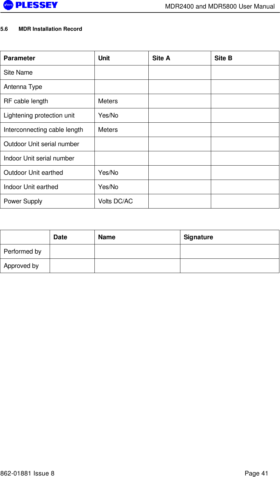        MDR2400 and MDR5800 User Manual   862-01881 Issue 8    Page 41 5.6 MDR Installation Record  Parameter Unit Site A Site B Site Name       Antenna Type       RF cable length Meters     Lightening protection unit Yes/No     Interconnecting cable length Meters     Outdoor Unit serial number       Indoor Unit serial number       Outdoor Unit earthed Yes/No     Indoor Unit earthed Yes/No     Power Supply Volts DC/AC        Date Name Signature Performed by       Approved by         