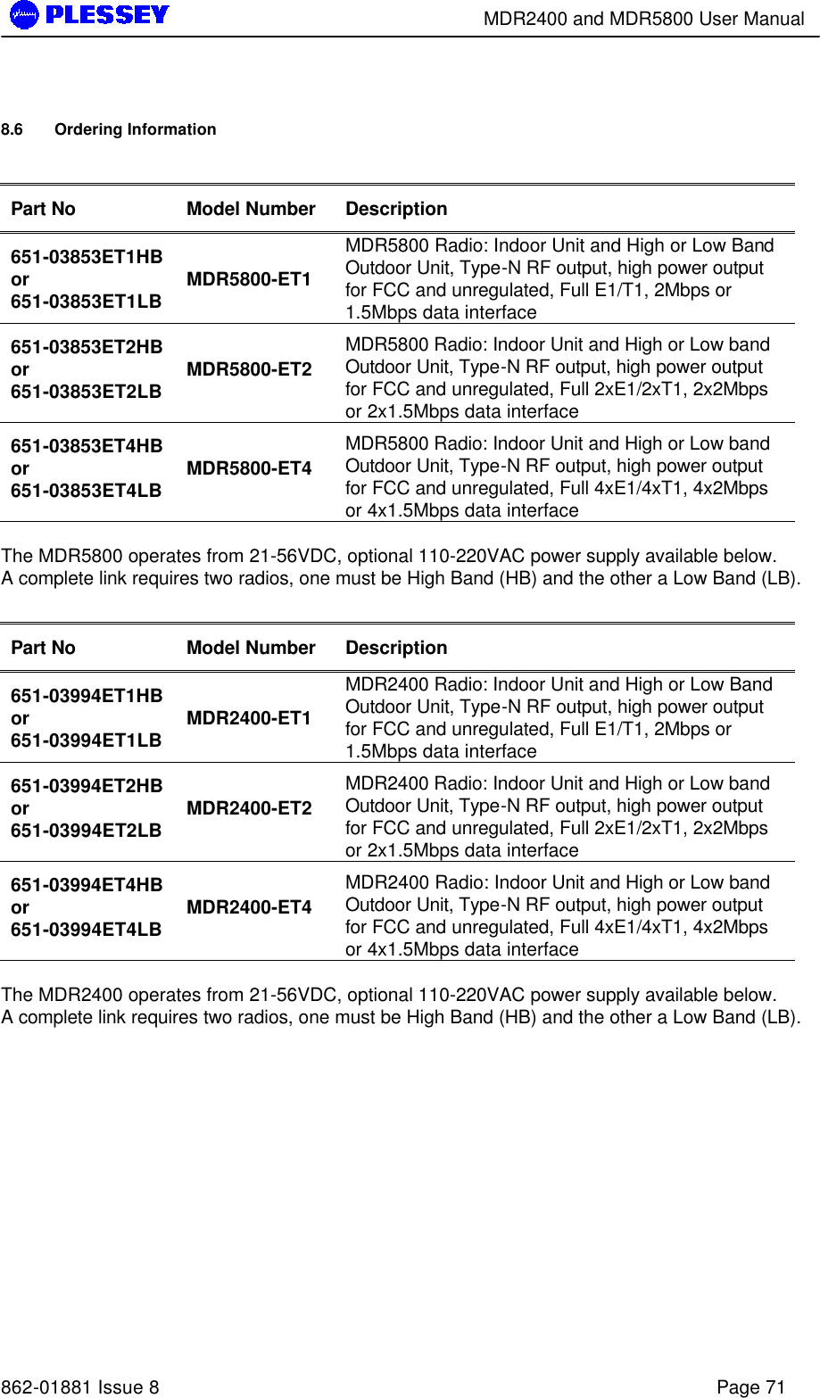        MDR2400 and MDR5800 User Manual   862-01881 Issue 8    Page 71 8.6 Ordering Information  Part No Model Number Description 651-03853ET1HB or 651-03853ET1LB MDR5800-ET1 MDR5800 Radio: Indoor Unit and High or Low Band Outdoor Unit, Type-N RF output, high power output for FCC and unregulated, Full E1/T1, 2Mbps or 1.5Mbps data interface  651-03853ET2HB or 651-03853ET2LB MDR5800-ET2 MDR5800 Radio: Indoor Unit and High or Low band Outdoor Unit, Type-N RF output, high power output for FCC and unregulated, Full 2xE1/2xT1, 2x2Mbps or 2x1.5Mbps data interface 651-03853ET4HB or 651-03853ET4LB MDR5800-ET4 MDR5800 Radio: Indoor Unit and High or Low band Outdoor Unit, Type-N RF output, high power output for FCC and unregulated, Full 4xE1/4xT1, 4x2Mbps or 4x1.5Mbps data interface  The MDR5800 operates from 21-56VDC, optional 110-220VAC power supply available below. A complete link requires two radios, one must be High Band (HB) and the other a Low Band (LB).  Part No Model Number Description 651-03994ET1HB or 651-03994ET1LB MDR2400-ET1 MDR2400 Radio: Indoor Unit and High or Low Band Outdoor Unit, Type-N RF output, high power output for FCC and unregulated, Full E1/T1, 2Mbps or 1.5Mbps data interface  651-03994ET2HB or 651-03994ET2LB MDR2400-ET2 MDR2400 Radio: Indoor Unit and High or Low band Outdoor Unit, Type-N RF output, high power output for FCC and unregulated, Full 2xE1/2xT1, 2x2Mbps or 2x1.5Mbps data interface 651-03994ET4HB or 651-03994ET4LB MDR2400-ET4 MDR2400 Radio: Indoor Unit and High or Low band Outdoor Unit, Type-N RF output, high power output for FCC and unregulated, Full 4xE1/4xT1, 4x2Mbps or 4x1.5Mbps data interface  The MDR2400 operates from 21-56VDC, optional 110-220VAC power supply available below. A complete link requires two radios, one must be High Band (HB) and the other a Low Band (LB).   