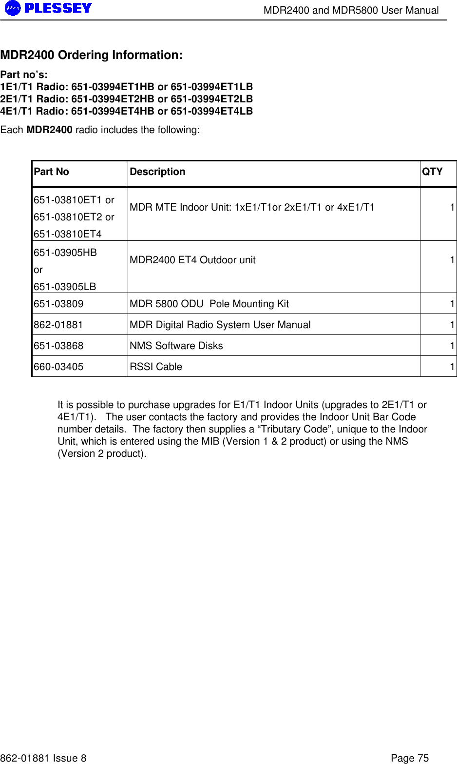        MDR2400 and MDR5800 User Manual   862-01881 Issue 8    Page 75 MDR2400 Ordering Information: Part no’s: 1E1/T1 Radio: 651-03994ET1HB or 651-03994ET1LB 2E1/T1 Radio: 651-03994ET2HB or 651-03994ET2LB  4E1/T1 Radio: 651-03994ET4HB or 651-03994ET4LB Each MDR2400 radio includes the following:  Part No Description QTY 651-03810ET1 or 651-03810ET2 or 651-03810ET4 MDR MTE Indoor Unit: 1xE1/T1or 2xE1/T1 or 4xE1/T1 1 651-03905HB or 651-03905LB MDR2400 ET4 Outdoor unit 1 651-03809 MDR 5800 ODU  Pole Mounting Kit 1 862-01881 MDR Digital Radio System User Manual 1 651-03868 NMS Software Disks 1 660-03405 RSSI Cable 1  It is possible to purchase upgrades for E1/T1 Indoor Units (upgrades to 2E1/T1 or 4E1/T1).   The user contacts the factory and provides the Indoor Unit Bar Code number details.  The factory then supplies a “Tributary Code”, unique to the Indoor Unit, which is entered using the MIB (Version 1 &amp; 2 product) or using the NMS (Version 2 product).  