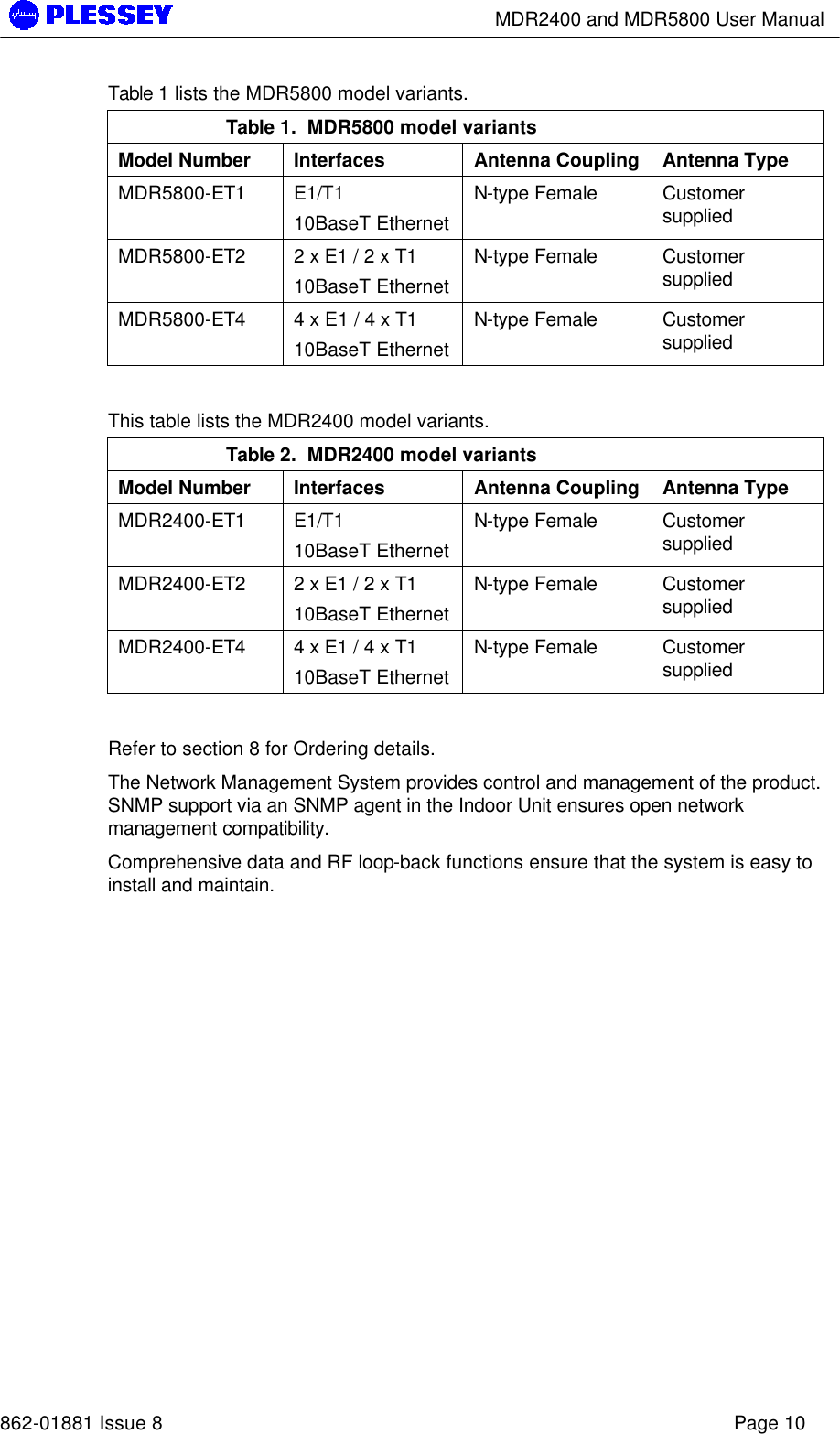        MDR2400 and MDR5800 User Manual   862-01881 Issue 8    Page 10 Table 1 lists the MDR5800 model variants. Table 1.  MDR5800 model variants Model Number Interfaces Antenna Coupling Antenna Type MDR5800-ET1 E1/T1 10BaseT Ethernet N-type Female Customer supplied MDR5800-ET2 2 x E1 / 2 x T1 10BaseT Ethernet N-type Female Customer supplied MDR5800-ET4 4 x E1 / 4 x T1 10BaseT Ethernet N-type Female Customer supplied  This table lists the MDR2400 model variants. Table 2.  MDR2400 model variants Model Number Interfaces Antenna Coupling Antenna Type MDR2400-ET1 E1/T1 10BaseT Ethernet N-type Female Customer supplied MDR2400-ET2 2 x E1 / 2 x T1 10BaseT Ethernet N-type Female Customer supplied MDR2400-ET4 4 x E1 / 4 x T1 10BaseT Ethernet N-type Female Customer supplied  Refer to section 8 for Ordering details. The Network Management System provides control and management of the product.  SNMP support via an SNMP agent in the Indoor Unit ensures open network management compatibility. Comprehensive data and RF loop-back functions ensure that the system is easy to install and maintain.    