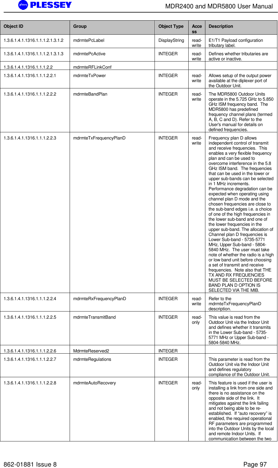        MDR2400 and MDR5800 User Manual   862-01881 Issue 8    Page 97 Object ID Group Object Type Access Description 1.3.6.1.4.1.1316.1.1.1.2.1.3.1.2 mdrmtePcLabel DisplayString read-write E1/T1 Payload configuration tributary label. 1.3.6.1.4.1.1316.1.1.1.2.1.3.1.3 mdrmtePcActive INTEGER read-write Defines whether tributaries are active or inactive. 1.3.6.1.4.1.1316.1.1.1.2.2 mdrmteRFLinkConf        1.3.6.1.4.1.1316.1.1.1.2.2.1 mdrmteTxPower INTEGER read-write Allows setup of the output power available at the diplexer port of the Outdoor Unit. 1.3.6.1.4.1.1316.1.1.1.2.2.2 mdrmteBandPlan INTEGER read-write The MDR5800 Outdoor Units operate in the 5.725 GHz to 5.850 GHz ISM frequency band.  The MDR5800 has predefined frequency channel plans (termed A, B, C and D). Refer to the User&apos;s manual for details on defined frequencies. 1.3.6.1.4.1.1316.1.1.1.2.2.3 mdrmteTxFrequencyPlanD INTEGER read-write Frequency plan D allows independent control of transmit and receive frequencies.  This enables a very flexible frequency plan and can be used to overcome interference in the 5.8 GHz ISM band.  The frequencies that can be used in the lower or upper sub-bands can be selected in 1 MHz increments.   Performance degradation can be expected when operating using channel plan D mode and the chosen frequencies are close to the sub-band edges i.e. a choice of one of the high frequencies in the lower sub-band and one of the lower frequencies in the upper sub-band. The allocation of Channel plan D frequencies is Lower Sub-band - 5735-5771 MHz, Upper Sub-band - 5804-5840 MHz.  The user must take note of whether the radio is a high or low band unit before choosing a set of transmit and receive frequencies.  Note also that THE TX AND RX FREQUENCIES MUST BE SELECTED BEFORE BAND PLAN D OPTION IS SELECTED VIA THE MIB. 1.3.6.1.4.1.1316.1.1.1.2.2.4 mdrmteRxFrequencyPlanD INTEGER read-write Refer to the mdrmteTxFrequencyPlanD description. 1.3.6.1.4.1.1316.1.1.1.2.2.5 mdrmteTransmitBand INTEGER read-only This value is read from the Outdoor Unit via the Indoor Unit and defines whether it transmits in the Lower Sub-band - 5735-5771 MHz or Upper Sub-band - 5804-5840 MHz. 1.3.6.1.4.1.1316.1.1.1.2.2.6 MdrmteReserved2 INTEGER     1.3.6.1.4.1.1316.1.1.1.2.2.7 mdrmteRegulations INTEGER    This parameter is read from the Outdoor Unit via the Indoor Unit and defines regulatory compliance of the Outdoor Unit. 1.3.6.1.4.1.1316.1.1.1.2.2.8 mdrmteAutoRecovery INTEGER read-only This feature is used if the user is installing a link from one side and there is no assistance on the opposite side of the link.  It mitigates against the link failing and not being able to be re-established.  If “auto recovery” is enabled, the required operational RF parameters are programmed into the Outdoor Units by the local and remote Indoor Units.  If communication between the two 