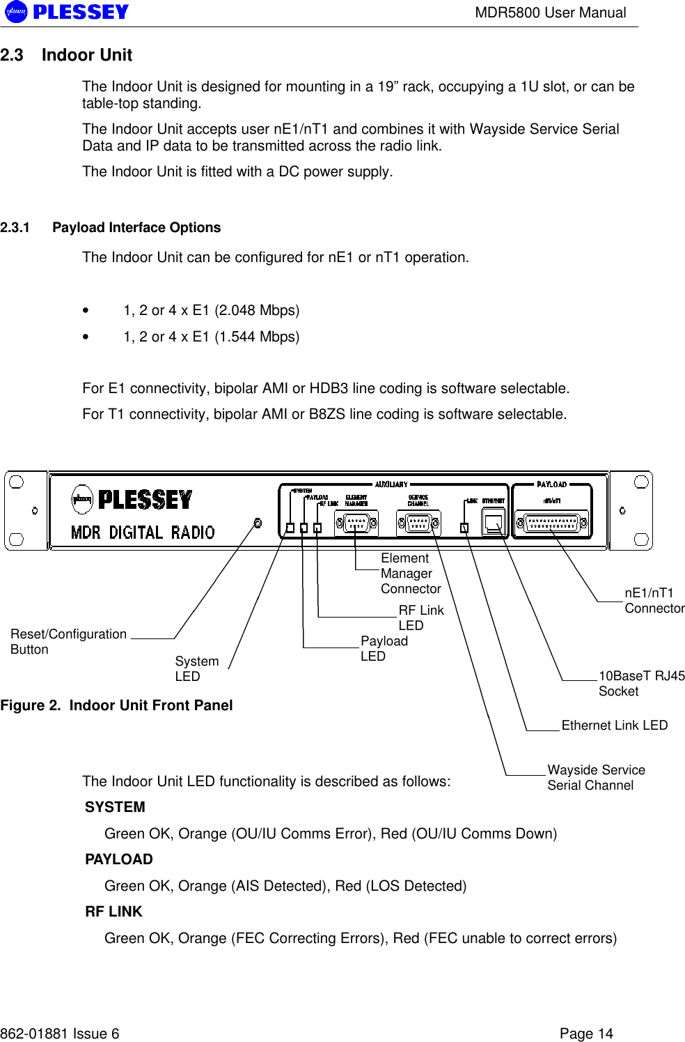 MDR5800 User Manual862-01881 Issue 6 Page 142.3 Indoor UnitThe Indoor Unit is designed for mounting in a 19” rack, occupying a 1U slot, or can betable-top standing.The Indoor Unit accepts user nE1/nT1 and combines it with Wayside Service SerialData and IP data to be transmitted across the radio link.The Indoor Unit is fitted with a DC power supply.2.3.1 Payload Interface OptionsThe Indoor Unit can be configured for nE1 or nT1 operation.• 1, 2 or 4 x E1 (2.048 Mbps)• 1, 2 or 4 x E1 (1.544 Mbps)For E1 connectivity, bipolar AMI or HDB3 line coding is software selectable.For T1 connectivity, bipolar AMI or B8ZS line coding is software selectable.Figure 2.  Indoor Unit Front PanelThe Indoor Unit LED functionality is described as follows:SYSTEM   Green OK, Orange (OU/IU Comms Error), Red (OU/IU Comms Down)PAYLOADGreen OK, Orange (AIS Detected), Red (LOS Detected)RF LINKGreen OK, Orange (FEC Correcting Errors), Red (FEC unable to correct errors)Reset/ConfigurationButton SystemLEDPayloadLEDWayside ServiceSerial ChannelnE1/nT1ConnectorRF LinkLEDElementManagerConnectorEthernet Link LED10BaseT RJ45Socket