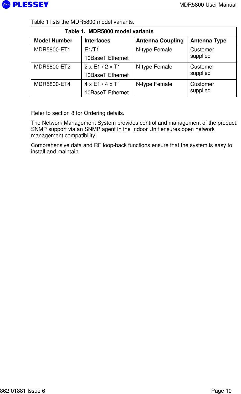 MDR5800 User Manual862-01881 Issue 6 Page 10Table 1 lists the MDR5800 model variants.Table 1.  MDR5800 model variantsModel Number Interfaces Antenna Coupling Antenna TypeMDR5800-ET1 E1/T110BaseT EthernetN-type Female CustomersuppliedMDR5800-ET2 2 x E1 / 2 x T110BaseT EthernetN-type Female CustomersuppliedMDR5800-ET4 4 x E1 / 4 x T110BaseT EthernetN-type Female CustomersuppliedRefer to section 8 for Ordering details.The Network Management System provides control and management of the product.SNMP support via an SNMP agent in the Indoor Unit ensures open networkmanagement compatibility.Comprehensive data and RF loop-back functions ensure that the system is easy toinstall and maintain.