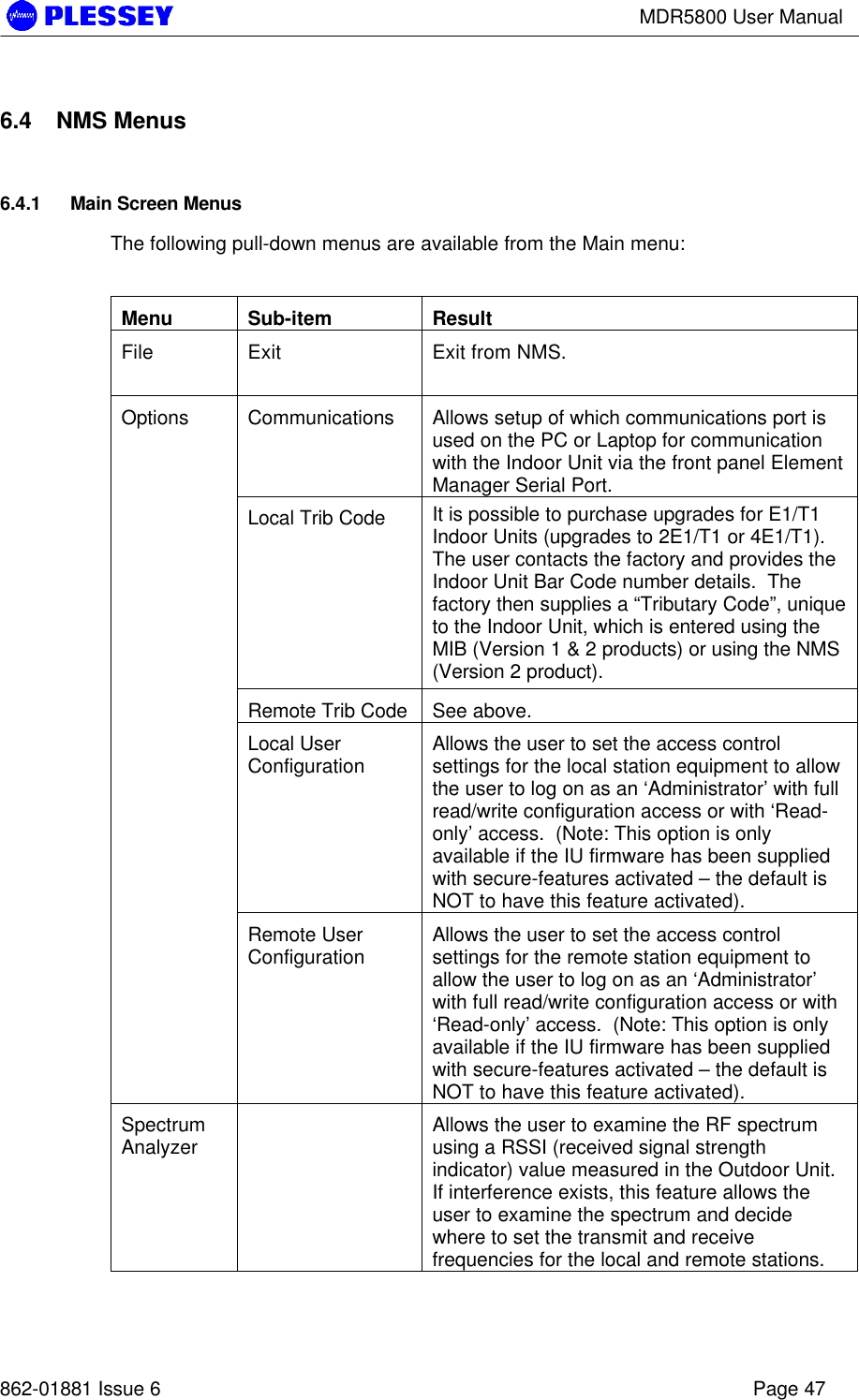 MDR5800 User Manual862-01881 Issue 6 Page 476.4 NMS Menus6.4.1 Main Screen MenusThe following pull-down menus are available from the Main menu:Menu Sub-item ResultFile Exit Exit from NMS.Communications Allows setup of which communications port isused on the PC or Laptop for communicationwith the Indoor Unit via the front panel ElementManager Serial Port.Local Trib Code It is possible to purchase upgrades for E1/T1Indoor Units (upgrades to 2E1/T1 or 4E1/T1).The user contacts the factory and provides theIndoor Unit Bar Code number details.  Thefactory then supplies a “Tributary Code”, uniqueto the Indoor Unit, which is entered using theMIB (Version 1 &amp; 2 products) or using the NMS(Version 2 product).Remote Trib Code See above.Local UserConfiguration Allows the user to set the access controlsettings for the local station equipment to allowthe user to log on as an ‘Administrator’ with fullread/write configuration access or with ‘Read-only’ access.  (Note: This option is onlyavailable if the IU firmware has been suppliedwith secure-features activated – the default isNOT to have this feature activated).OptionsRemote UserConfiguration Allows the user to set the access controlsettings for the remote station equipment toallow the user to log on as an ‘Administrator’with full read/write configuration access or with‘Read-only’ access.  (Note: This option is onlyavailable if the IU firmware has been suppliedwith secure-features activated – the default isNOT to have this feature activated).SpectrumAnalyzer Allows the user to examine the RF spectrumusing a RSSI (received signal strengthindicator) value measured in the Outdoor Unit.If interference exists, this feature allows theuser to examine the spectrum and decidewhere to set the transmit and receivefrequencies for the local and remote stations.