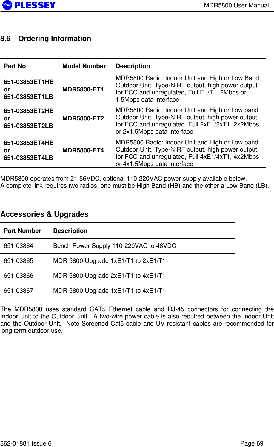 MDR5800 User Manual862-01881 Issue 6 Page 698.6 Ordering InformationPart No Model Number Description651-03853ET1HBor651-03853ET1LB MDR5800-ET1MDR5800 Radio: Indoor Unit and High or Low BandOutdoor Unit, Type-N RF output, high power outputfor FCC and unregulated, Full E1/T1, 2Mbps or1.5Mbps data interface651-03853ET2HBor651-03853ET2LB MDR5800-ET2MDR5800 Radio: Indoor Unit and High or Low bandOutdoor Unit, Type-N RF output, high power outputfor FCC and unregulated, Full 2xE1/2xT1, 2x2Mbpsor 2x1.5Mbps data interface651-03853ET4HBor651-03853ET4LB MDR5800-ET4MDR5800 Radio: Indoor Unit and High or Low bandOutdoor Unit, Type-N RF output, high power outputfor FCC and unregulated, Full 4xE1/4xT1, 4x2Mbpsor 4x1.5Mbps data interfaceMDR5800 operates from 21-56VDC, optional 110-220VAC power supply available below.A complete link requires two radios, one must be High Band (HB) and the other a Low Band (LB).Accessories &amp; UpgradesPart Number Description651-03864 Bench Power Supply 110-220VAC to 48VDC651-03865 MDR 5800 Upgrade 1xE1/T1 to 2xE1/T1651-03866 MDR 5800 Upgrade 2xE1/T1 to 4xE1/T1651-03867 MDR 5800 Upgrade 1xE1/T1 to 4xE1/T1The MDR5800 uses standard CAT5 Ethernet cable and RJ-45 connectors for connecting theIndoor Unit to the Outdoor Unit.  A two-wire power cable is also required between the Indoor Unitand the Outdoor Unit.  Note Screened Cat5 cable and UV resistant cables are recommended forlong term outdoor use.