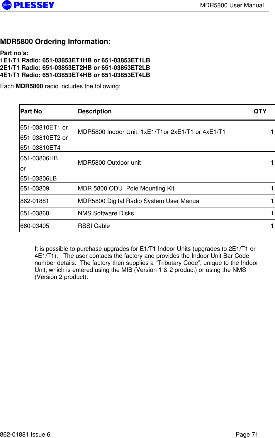 MDR5800 User Manual862-01881 Issue 6 Page 71MDR5800 Ordering Information:Part no’s:1E1/T1 Radio: 651-03853ET1HB or 651-03853ET1LB2E1/T1 Radio: 651-03853ET2HB or 651-03853ET2LB4E1/T1 Radio: 651-03853ET4HB or 651-03853ET4LBEach MDR5800 radio includes the following:Part No Description QTY651-03810ET1 or651-03810ET2 or651-03810ET4MDR5800 Indoor Unit: 1xE1/T1or 2xE1/T1 or 4xE1/T1 1651-03806HBor651-03806LBMDR5800 Outdoor unit 1651-03809 MDR 5800 ODU  Pole Mounting Kit 1862-01881 MDR5800 Digital Radio System User Manual 1651-03868 NMS Software Disks 1660-03405 RSSI Cable 1It is possible to purchase upgrades for E1/T1 Indoor Units (upgrades to 2E1/T1 or4E1/T1).   The user contacts the factory and provides the Indoor Unit Bar Codenumber details.  The factory then supplies a “Tributary Code”, unique to the IndoorUnit, which is entered using the MIB (Version 1 &amp; 2 product) or using the NMS(Version 2 product).