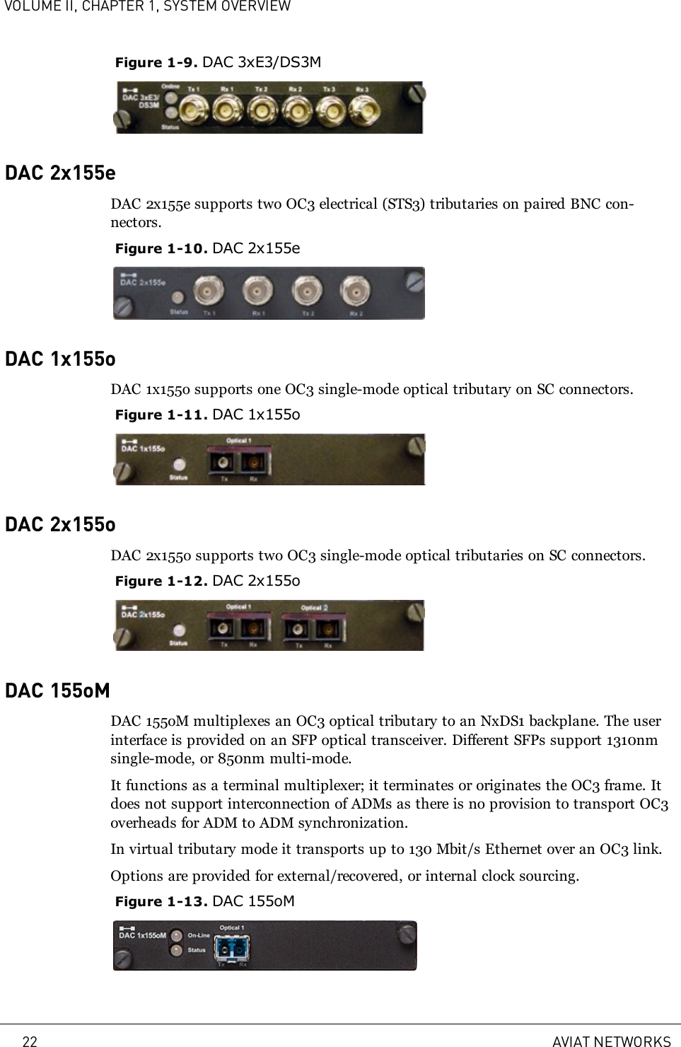 VOLUME II, CHAPTER 1, SYSTEM OVERVIEWFigure 1-9. DAC 3xE3/DS3MDAC 2x155eDAC 2x155e supports two OC3 electrical (STS3) tributaries on paired BNC con-nectors.Figure 1-10. DAC 2x155eDAC 1x155oDAC 1x155o supports one OC3 single-mode optical tributary on SC connectors.Figure 1-11. DAC 1x155oDAC 2x155oDAC 2x155o supports two OC3 single-mode optical tributaries on SC connectors.Figure 1-12. DAC 2x155oDAC 155oMDAC 155oM multiplexes an OC3 optical tributary to an NxDS1 backplane. The userinterface is provided on an SFP optical transceiver. Different SFPs support 1310nmsingle-mode, or 850nm multi-mode.It functions as a terminal multiplexer; it terminates or originates the OC3 frame. Itdoes not support interconnection of ADMs as there is no provision to transport OC3overheads for ADM to ADM synchronization.In virtual tributary mode it transports up to 130 Mbit/s Ethernet over an OC3 link.Options are provided for external/recovered, or internal clock sourcing.Figure 1-13. DAC 155oM22 AVIAT NETWORKS