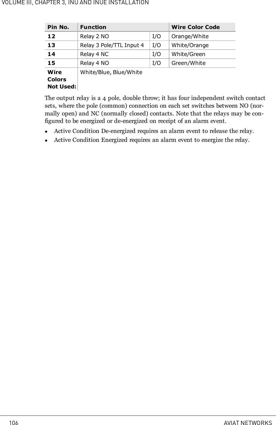 VOLUME III, CHAPTER 3, INU AND INUE INSTALLATIONPin No. Function Wire Color Code12 Relay 2 NO I/O Orange/White13 Relay 3 Pole/TTL Input 4 I/O White/Orange14 Relay 4 NC I/O White/Green15 Relay 4 NO I/O Green/WhiteWireColorsNot Used:White/Blue, Blue/WhiteThe output relay is a 4 pole, double throw; it has four independent switch contactsets, where the pole (common) connection on each set switches between NO (nor-mally open) and NC (normally closed) contacts. Note that the relays may be con-figured to be energized or de-energized on receipt of an alarm event.lActive Condition De-energized requires an alarm event to release the relay.lActive Condition Energized requires an alarm event to energize the relay.106 AVIAT NETWORKS