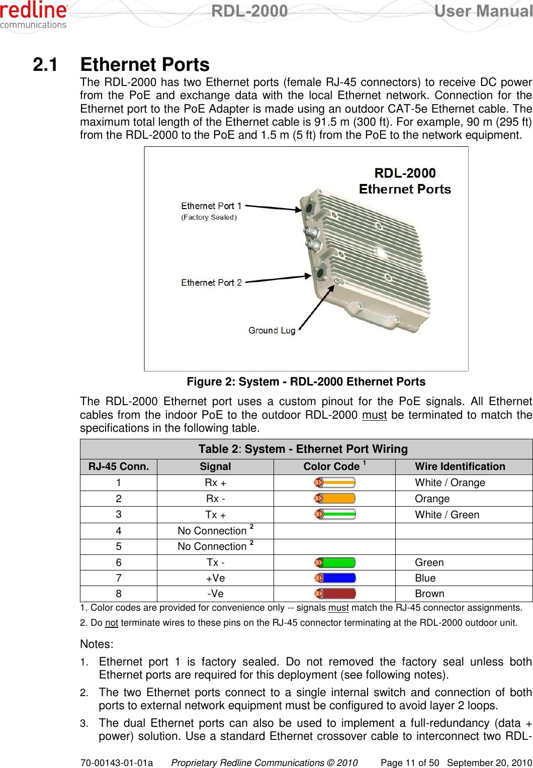  RDL-2000  User Manual 70-00143-01-01a Proprietary Redline Communications © 2010  Page 11 of 50  September 20, 2010 2.1  Ethernet Ports The RDL-2000 has two Ethernet ports (female RJ-45 connectors) to receive DC power from the PoE  and  exchange data  with the local  Ethernet  network.  Connection for the Ethernet port to the PoE Adapter is made using an outdoor CAT-5e Ethernet cable. The maximum total length of the Ethernet cable is 91.5 m (300 ft). For example, 90 m (295 ft) from the RDL-2000 to the PoE and 1.5 m (5 ft) from the PoE to the network equipment.  Figure 2: System - RDL-2000 Ethernet Ports The  RDL-2000  Ethernet  port  uses  a  custom  pinout  for  the  PoE  signals.  All  Ethernet cables from the indoor PoE to the outdoor RDL-2000 must be terminated to match the specifications in the following table. Table 2: System - Ethernet Port Wiring RJ-45 Conn. Signal Color Code 1 Wire Identification 1 Rx +  White / Orange  2 Rx -  Orange 3 Tx +  White / Green 4 No Connection 2   5 No Connection 2   6 Tx -  Green 7 +Ve  Blue 8 -Ve  Brown 1. Color codes are provided for convenience only -- signals must match the RJ-45 connector assignments. 2. Do not terminate wires to these pins on the RJ-45 connector terminating at the RDL-2000 outdoor unit.  Notes: 1. Ethernet  port  1  is  factory  sealed.  Do  not  removed  the  factory  seal  unless  both Ethernet ports are required for this deployment (see following notes). 2. The two Ethernet ports connect to a  single internal switch and connection of  both ports to external network equipment must be configured to avoid layer 2 loops.  3. The dual Ethernet ports can also be used to implement a full-redundancy  (data + power) solution. Use a standard Ethernet crossover cable to interconnect two RDL-