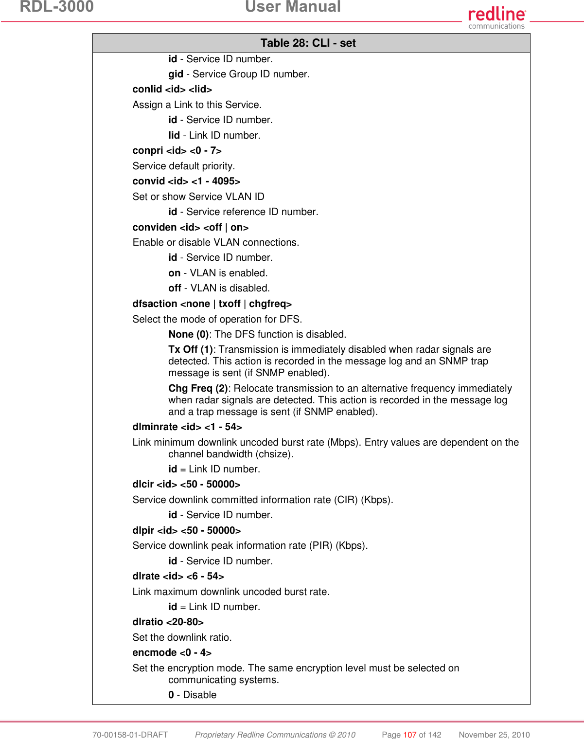 RDL-3000 User Manual 70-00158-01-DRAFT Proprietary Redline Communications © 2010 Page 107 of 142 November 25, 2010 Table 28: CLI - set id - Service ID number. gid - Service Group ID number. conlid <id> <lid> Assign a Link to this Service. id - Service ID number. lid - Link ID number. conpri <id> <0 - 7> Service default priority. convid <id> <1 - 4095> Set or show Service VLAN ID id - Service reference ID number. conviden <id> <off | on> Enable or disable VLAN connections. id - Service ID number. on - VLAN is enabled. off - VLAN is disabled. dfsaction <none | txoff | chgfreq> Select the mode of operation for DFS. None (0): The DFS function is disabled. Tx Off (1): Transmission is immediately disabled when radar signals are detected. This action is recorded in the message log and an SNMP trap message is sent (if SNMP enabled). Chg Freq (2): Relocate transmission to an alternative frequency immediately when radar signals are detected. This action is recorded in the message log and a trap message is sent (if SNMP enabled). dlminrate <id> <1 - 54> Link minimum downlink uncoded burst rate (Mbps). Entry values are dependent on the channel bandwidth (chsize). id = Link ID number. dlcir <id> <50 - 50000> Service downlink committed information rate (CIR) (Kbps). id - Service ID number. dlpir <id> <50 - 50000> Service downlink peak information rate (PIR) (Kbps). id - Service ID number. dlrate <id> <6 - 54> Link maximum downlink uncoded burst rate. id = Link ID number. dlratio <20-80> Set the downlink ratio. encmode <0 - 4> Set the encryption mode. The same encryption level must be selected on communicating systems. 0 - Disable