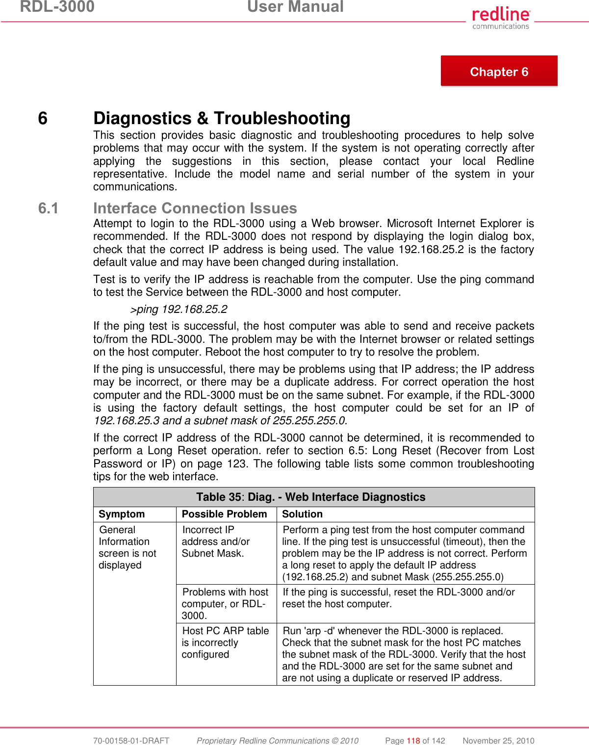 RDL-3000 User Manual 70-00158-01-DRAFT Proprietary Redline Communications © 2010 Page 118 of 142 November 25, 2010 6 Diagnostics & Troubleshooting This section provides basic diagnostic and troubleshooting procedures to help solve problems that may occur with the system. If the system is not operating correctly after applying the suggestions in this section, please contact your local Redline representative. Include the model name and serial number of the system in your communications. 6.1 Interface Connection Issues Attempt to login to the RDL-3000 using a Web browser. Microsoft Internet Explorer is recommended. If the RDL-3000 does not respond by displaying the login dialog box, check that the correct IP address is being used. The value 192.168.25.2 is the factory default value and may have been changed during installation. Test is to verify the IP address is reachable from the computer. Use the ping command to test the Service between the RDL-3000 and host computer. >ping 192.168.25.2 If the ping test is successful, the host computer was able to send and receive packets to/from the RDL-3000. The problem may be with the Internet browser or related settings on the host computer. Reboot the host computer to try to resolve the problem. If the ping is unsuccessful, there may be problems using that IP address; the IP address may be incorrect, or there may be a duplicate address. For correct operation the host computer and the RDL-3000 must be on the same subnet. For example, if the RDL-3000 is using the factory default settings, the host computer could be set for an IP of 192.168.25.3 and a subnet mask of 255.255.255.0. If the correct IP address of the RDL-3000 cannot be determined, it is recommended to perform a Long Reset operation. refer to section 6.5: Long Reset (Recover from Lost Password or IP) on page 123. The following table lists some common troubleshooting tips for the web interface. Table 35: Diag. - Web Interface Diagnostics Symptom Possible Problem Solution General Information screen is not displayed Incorrect IP address and/or Subnet Mask. Perform a ping test from the host computer command line. If the ping test is unsuccessful (timeout), then the problem may be the IP address is not correct. Perform a long reset to apply the default IP address (192.168.25.2) and subnet Mask (255.255.255.0) Problems with host computer, or RDL-3000. If the ping is successful, reset the RDL-3000 and/or reset the host computer. Host PC ARP table is incorrectly configured Run 'arp -d' whenever the RDL-3000 is replaced. Check that the subnet mask for the host PC matches the subnet mask of the RDL-3000. Verify that the host and the RDL-3000 are set for the same subnet and are not using a duplicate or reserved IP address. Chapter 6