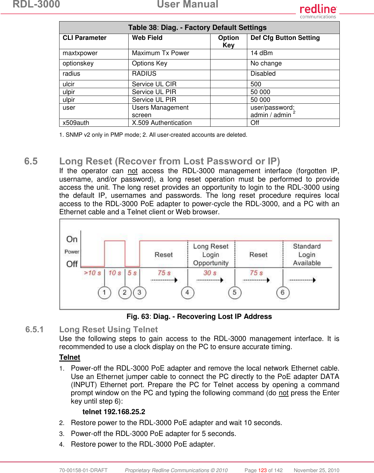 RDL-3000 User Manual 70-00158-01-DRAFT Proprietary Redline Communications © 2010 Page 123 of 142 November 25, 2010 Table 38: Diag. - Factory Default Settings CLI Parameter Web Field Option Key Def Cfg Button Setting maxtxpower Maximum Tx Power 14 dBm optionskey Options Key No change radius RADIUS Disabled ulcir Service UL CIR 500 ulpir Service UL PIR 50 000 ulpir Service UL PIR 50 000 user Users Management screen user/password: admin / admin 2 x509auth X.509 Authentication Off 1. SNMP v2 only in PMP mode; 2. All user-created accounts are deleted. 6.5 Long Reset (Recover from Lost Password or IP) If the operator can not access the RDL-3000 management interface (forgotten IP, username, and/or password), a long reset operation must be performed to provide access the unit. The long reset provides an opportunity to login to the RDL-3000 using the default IP, usernames and passwords. The long reset procedure requires local access to the RDL-3000 PoE adapter to power-cycle the RDL-3000, and a PC with an Ethernet cable and a Telnet client or Web browser. Fig. 63: Diag. - Recovering Lost IP Address 6.5.1 Long Reset Using Telnet Use the following steps to gain access to the RDL-3000 management interface. It is recommended to use a clock display on the PC to ensure accurate timing. Telnet 1. Power-off the RDL-3000 PoE adapter and remove the local network Ethernet cable. Use an Ethernet jumper cable to connect the PC directly to the PoE adapter DATA (INPUT) Ethernet port. Prepare the PC for Telnet access by opening a command prompt window on the PC and typing the following command (do not press the Enter key until step 6): telnet 192.168.25.2 2. Restore power to the RDL-3000 PoE adapter and wait 10 seconds. 3. Power-off the RDL-3000 PoE adapter for 5 seconds. 4. Restore power to the RDL-3000 PoE adapter.