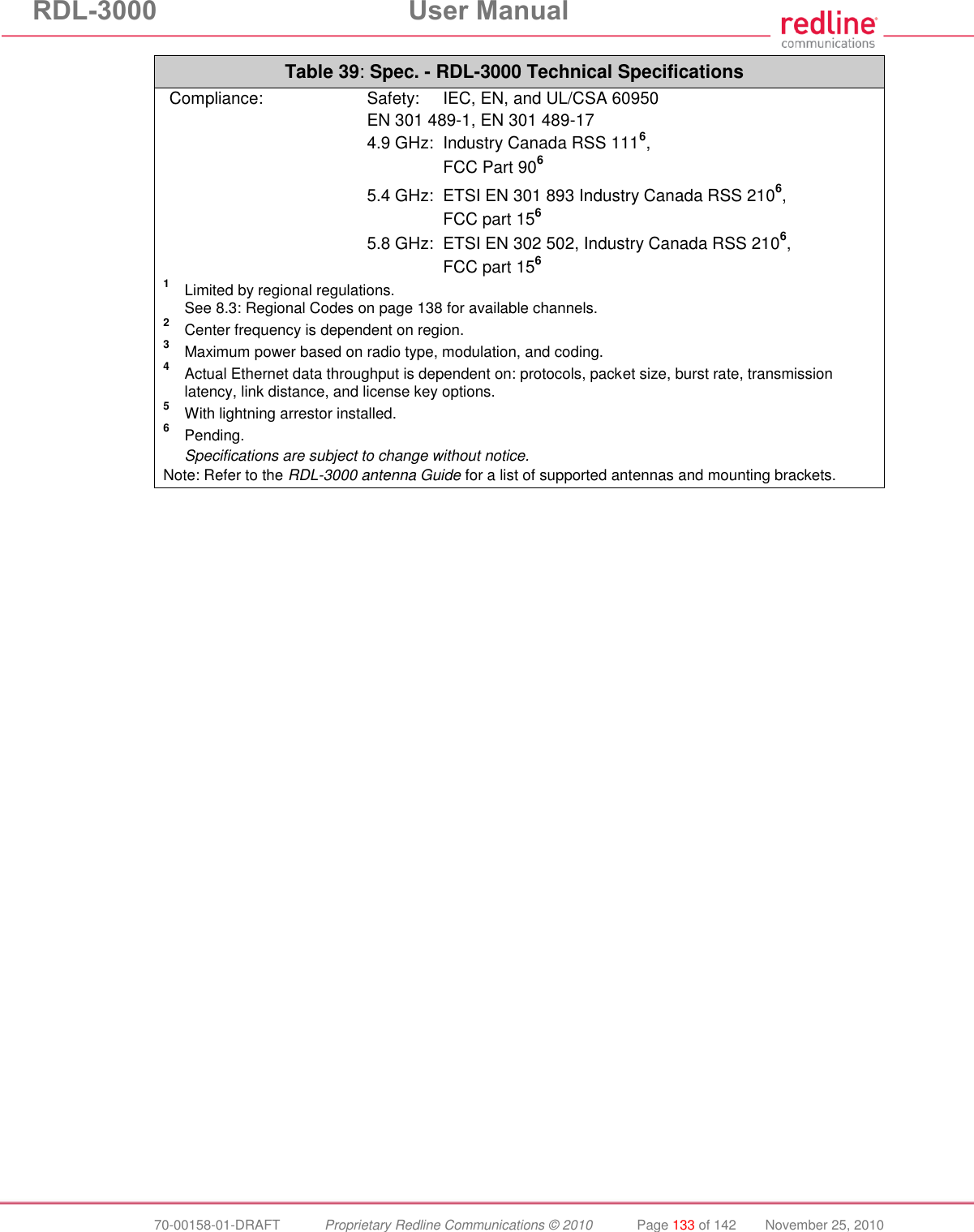 RDL-3000 User Manual 70-00158-01-DRAFT Proprietary Redline Communications © 2010 Page 133 of 142 November 25, 2010 Table 39: Spec. - RDL-3000 Technical Specifications Compliance: Safety: IEC, EN, and UL/CSA 60950 EN 301 489-1, EN 301 489-17 4.9 GHz: Industry Canada RSS 1116, FCC Part 906 5.4 GHz: ETSI EN 301 893 Industry Canada RSS 2106, FCC part 156 5.8 GHz: ETSI EN 302 502, Industry Canada RSS 2106, FCC part 156 1 Limited by regional regulations. See 8.3: Regional Codes on page 138 for available channels. 2 Center frequency is dependent on region. 3 Maximum power based on radio type, modulation, and coding. 4 Actual Ethernet data throughput is dependent on: protocols, packet size, burst rate, transmission latency, link distance, and license key options. 5 With lightning arrestor installed. 6 Pending. Specifications are subject to change without notice. Note: Refer to the RDL-3000 antenna Guide for a list of supported antennas and mounting brackets.