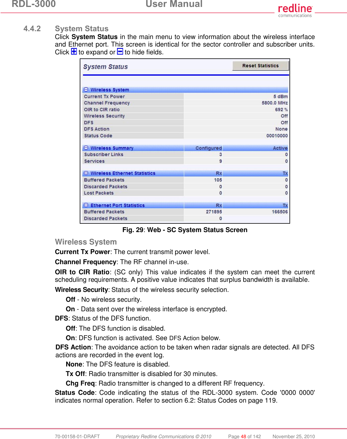 RDL-3000 User Manual 70-00158-01-DRAFT Proprietary Redline Communications © 2010 Page 48 of 142 November 25, 2010 4.4.2 System Status Click System Status in the main menu to view information about the wireless interface and Ethernet port. This screen is identical for the sector controller and subscriber units. Click to expand or to hide fields. Fig. 29: Web - SC System Status Screen Wireless System Current Tx Power: The current transmit power level. Channel Frequency: The RF channel in-use. OIR to CIR Ratio: (SC only) This value indicates if the system can meet the current scheduling requirements. A positive value indicates that surplus bandwidth is available. Wireless Security: Status of the wireless security selection. Off - No wireless security. On - Data sent over the wireless interface is encrypted. DFS: Status of the DFS function. Off: The DFS function is disabled. On: DFS function is activated. See DFS Action below. DFS Action: The avoidance action to be taken when radar signals are detected. All DFS actions are recorded in the event log. None: The DFS feature is disabled. Tx Off: Radio transmitter is disabled for 30 minutes. Chg Freq: Radio transmitter is changed to a different RF frequency. Status Code: Code indicating the status of the RDL-3000 system. Code '0000 0000' indicates normal operation. Refer to section 6.2: Status Codes on page 119.