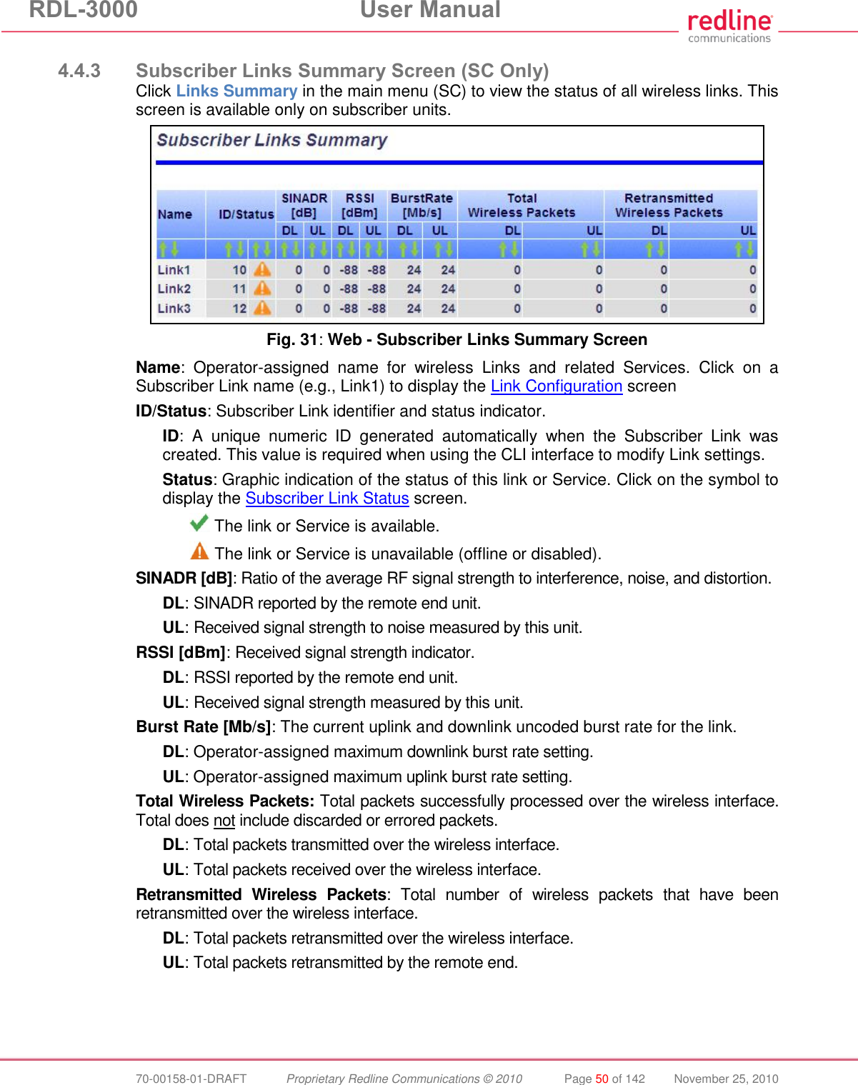 RDL-3000  User Manual  70-00158-01-DRAFT  Proprietary Redline Communications © 2010  Page 50 of 142  November 25, 2010  4.4.3 Subscriber Links Summary Screen (SC Only) Click Links Summary in the main menu (SC) to view the status of all wireless links. This screen is available only on subscriber units.  Fig. 31: Web - Subscriber Links Summary Screen Name:  Operator-assigned  name  for  wireless  Links  and  related  Services.  Click  on  a Subscriber Link name (e.g., Link1) to display the Link Configuration screen ID/Status: Subscriber Link identifier and status indicator. ID:  A  unique  numeric  ID  generated  automatically  when  the  Subscriber  Link  was created. This value is required when using the CLI interface to modify Link settings. Status: Graphic indication of the status of this link or Service. Click on the symbol to display the Subscriber Link Status screen.  The link or Service is available.  The link or Service is unavailable (offline or disabled). SINADR [dB]: Ratio of the average RF signal strength to interference, noise, and distortion. DL: SINADR reported by the remote end unit. UL: Received signal strength to noise measured by this unit. RSSI [dBm]: Received signal strength indicator. DL: RSSI reported by the remote end unit. UL: Received signal strength measured by this unit. Burst Rate [Mb/s]: The current uplink and downlink uncoded burst rate for the link. DL: Operator-assigned maximum downlink burst rate setting. UL: Operator-assigned maximum uplink burst rate setting. Total Wireless Packets: Total packets successfully processed over the wireless interface. Total does not include discarded or errored packets. DL: Total packets transmitted over the wireless interface. UL: Total packets received over the wireless interface. Retransmitted  Wireless  Packets:  Total  number  of  wireless  packets  that  have  been retransmitted over the wireless interface. DL: Total packets retransmitted over the wireless interface. UL: Total packets retransmitted by the remote end. 