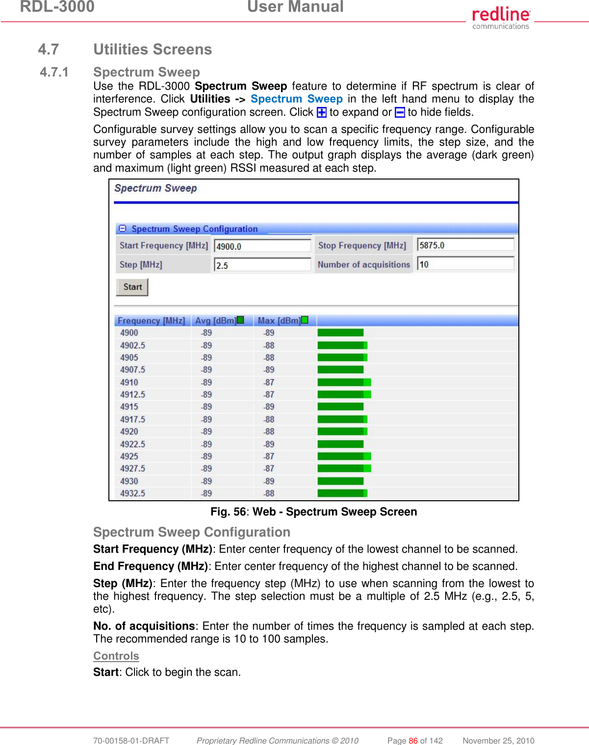 RDL-3000 User Manual 70-00158-01-DRAFT Proprietary Redline Communications © 2010 Page 86 of 142 November 25, 2010 4.7 Utilities Screens 4.7.1 Spectrum Sweep Use the RDL-3000 Spectrum Sweep feature to determine if RF spectrum is clear of interference. Click Utilities -> Spectrum Sweep in the left hand menu to display the Spectrum Sweep configuration screen. Click to expand or to hide fields. Configurable survey settings allow you to scan a specific frequency range. Configurable survey parameters include the high and low frequency limits, the step size, and the number of samples at each step. The output graph displays the average (dark green) and maximum (light green) RSSI measured at each step. Fig. 56: Web - Spectrum Sweep Screen Spectrum Sweep Configuration Start Frequency (MHz): Enter center frequency of the lowest channel to be scanned. End Frequency (MHz): Enter center frequency of the highest channel to be scanned. Step (MHz): Enter the frequency step (MHz) to use when scanning from the lowest to the highest frequency. The step selection must be a multiple of 2.5 MHz (e.g., 2.5, 5, etc). No. of acquisitions: Enter the number of times the frequency is sampled at each step. The recommended range is 10 to 100 samples. Controls Start: Click to begin the scan.