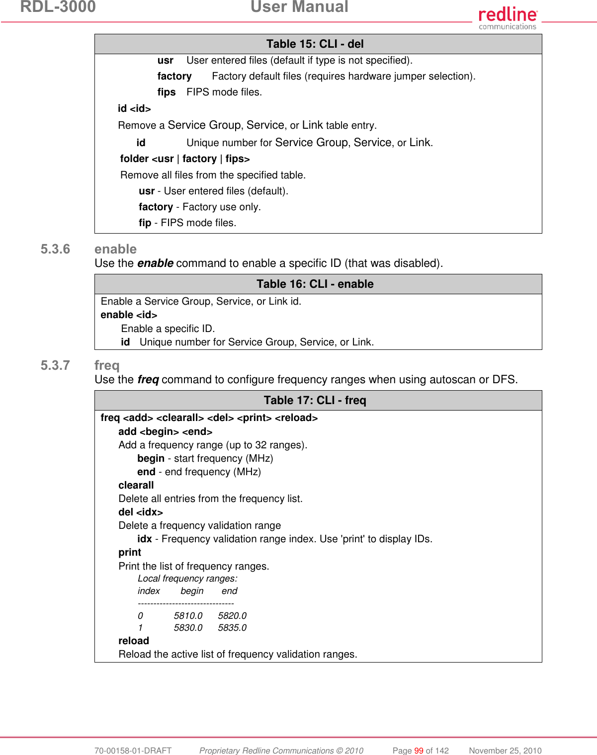 RDL-3000 User Manual 70-00158-01-DRAFT Proprietary Redline Communications © 2010 Page 99 of 142 November 25, 2010 Table 15: CLI - del usr User entered files (default if type is not specified). factory Factory default files (requires hardware jumper selection). fips FIPS mode files. id <id> Remove a Service Group, Service, or Link table entry. id Unique number for Service Group, Service, or Link. folder <usr | factory | fips> Remove all files from the specified table. usr - User entered files (default). factory - Factory use only. fip - FIPS mode files. 5.3.6 enable Use the enable command to enable a specific ID (that was disabled). Table 16: CLI - enable Enable a Service Group, Service, or Link id. enable <id> Enable a specific ID. id Unique number for Service Group, Service, or Link. 5.3.7 freq Use the freq command to configure frequency ranges when using autoscan or DFS. Table 17: CLI - freq freq <add> <clearall> <del> <print> <reload> add <begin> <end> Add a frequency range (up to 32 ranges). begin - start frequency (MHz) end - end frequency (MHz) clearall Delete all entries from the frequency list. del <idx> Delete a frequency validation range idx - Frequency validation range index. Use 'print' to display IDs. print Print the list of frequency ranges. Local frequency ranges: index begin end ------------------------------- 0 5810.0 5820.0 1 5830.0 5835.0 reload Reload the active list of frequency validation ranges.