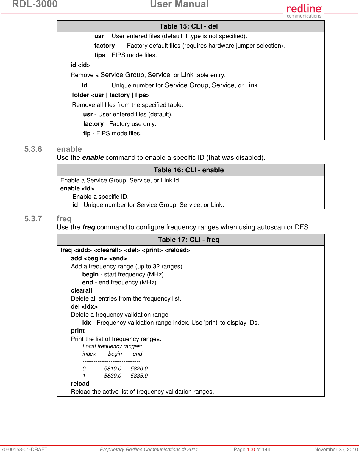 RDL-3000 User Manual 70-00158-01-DRAFT Proprietary Redline Communications © 2011 Page 100 of 144 November 25, 2010 Table 15: CLI - del usr User entered files (default if type is not specified). factory Factory default files (requires hardware jumper selection). fips FIPS mode files. id <id> Remove a Service Group, Service, or Link table entry. id Unique number for Service Group, Service, or Link. folder <usr | factory | fips> Remove all files from the specified table. usr - User entered files (default). factory - Factory use only. fip - FIPS mode files. 5.3.6 enable Use the enable command to enable a specific ID (that was disabled). Table 16: CLI - enable Enable a Service Group, Service, or Link id. enable <id> Enable a specific ID. id Unique number for Service Group, Service, or Link. 5.3.7 freq Use the freq command to configure frequency ranges when using autoscan or DFS. Table 17: CLI - freq freq <add> <clearall> <del> <print> <reload> add <begin> <end> Add a frequency range (up to 32 ranges). begin - start frequency (MHz) end - end frequency (MHz) clearall Delete all entries from the frequency list. del <idx> Delete a frequency validation range idx - Frequency validation range index. Use 'print' to display IDs. print Print the list of frequency ranges. Local frequency ranges: index begin end ------------------------------- 0 5810.0 5820.0 1 5830.0 5835.0 reload Reload the active list of frequency validation ranges.