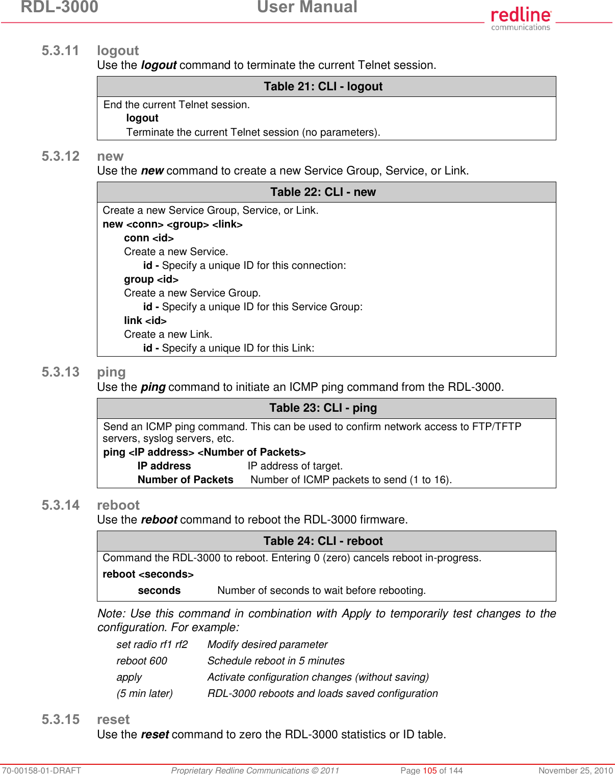 RDL-3000 User Manual 70-00158-01-DRAFT Proprietary Redline Communications © 2011 Page 105 of 144 November 25, 2010 5.3.11 logout Use the logout command to terminate the current Telnet session. Table 21: CLI - logout End the current Telnet session. logout Terminate the current Telnet session (no parameters). 5.3.12 new Use the new command to create a new Service Group, Service, or Link. Table 22: CLI - new Create a new Service Group, Service, or Link. new <conn> <group> <link> conn <id> Create a new Service. id - Specify a unique ID for this connection: group <id> Create a new Service Group. id - Specify a unique ID for this Service Group: link <id> Create a new Link. id - Specify a unique ID for this Link: 5.3.13 ping Use the ping command to initiate an ICMP ping command from the RDL-3000. Table 23: CLI - ping Send an ICMP ping command. This can be used to confirm network access to FTP/TFTP servers, syslog servers, etc. ping <IP address> <Number of Packets> IP address IP address of target. Number of Packets Number of ICMP packets to send (1 to 16). 5.3.14 reboot Use the reboot command to reboot the RDL-3000 firmware. Table 24: CLI - reboot Command the RDL-3000 to reboot. Entering 0 (zero) cancels reboot in-progress. reboot <seconds> seconds Number of seconds to wait before rebooting. Note: Use this command in combination with Apply to temporarily test changes to the configuration. For example: set radio rf1 rf2 Modify desired parameter reboot 600 Schedule reboot in 5 minutes apply Activate configuration changes (without saving) (5 min later) RDL-3000 reboots and loads saved configuration 5.3.15 reset Use the reset command to zero the RDL-3000 statistics or ID table.