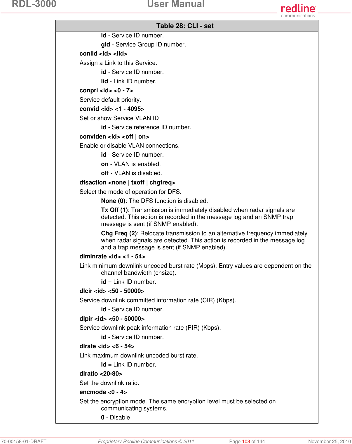 RDL-3000 User Manual 70-00158-01-DRAFT Proprietary Redline Communications © 2011 Page 108 of 144 November 25, 2010 Table 28: CLI - set id - Service ID number. gid - Service Group ID number. conlid <id> <lid> Assign a Link to this Service. id - Service ID number. lid - Link ID number. conpri <id> <0 - 7> Service default priority. convid <id> <1 - 4095> Set or show Service VLAN ID id - Service reference ID number. conviden <id> <off | on> Enable or disable VLAN connections. id - Service ID number. on - VLAN is enabled. off - VLAN is disabled. dfsaction <none | txoff | chgfreq> Select the mode of operation for DFS. None (0): The DFS function is disabled. Tx Off (1): Transmission is immediately disabled when radar signals are detected. This action is recorded in the message log and an SNMP trap message is sent (if SNMP enabled). Chg Freq (2): Relocate transmission to an alternative frequency immediately when radar signals are detected. This action is recorded in the message log and a trap message is sent (if SNMP enabled). dlminrate <id> <1 - 54> Link minimum downlink uncoded burst rate (Mbps). Entry values are dependent on the channel bandwidth (chsize). id = Link ID number. dlcir <id> <50 - 50000> Service downlink committed information rate (CIR) (Kbps). id - Service ID number. dlpir <id> <50 - 50000> Service downlink peak information rate (PIR) (Kbps). id - Service ID number. dlrate <id> <6 - 54> Link maximum downlink uncoded burst rate. id = Link ID number. dlratio <20-80> Set the downlink ratio. encmode <0 - 4> Set the encryption mode. The same encryption level must be selected on communicating systems. 0 - Disable