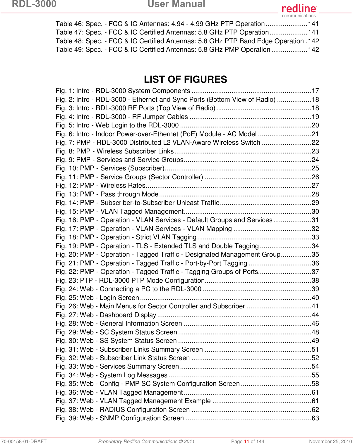 RDL-3000 User Manual 70-00158-01-DRAFT Proprietary Redline Communications © 2011 Page 11 of 144 November 25, 2010 Table 46: Spec. - FCC & IC Antennas: 4.94 - 4.99 GHz PTP Operation ...................... 141 Table 47: Spec. - FCC & IC Certified Antennas: 5.8 GHz PTP Operation .................... 141 Table 48: Spec. - FCC & IC Certified Antennas: 5.8 GHz PTP Band Edge Operation . 142 Table 49: Spec. - FCC & IC Certified Antennas: 5.8 GHz PMP Operation ................... 142 LIST OF FIGURES Fig. 1: Intro - RDL-3000 System Components ............................................................... 17 Fig. 2: Intro - RDL-3000 - Ethernet and Sync Ports (Bottom View of Radio) .................. 18 Fig. 3: Intro - RDL-3000 RF Ports (Top View of Radio) .................................................. 18 Fig. 4: Intro - RDL-3000 - RF Jumper Cables ................................................................ 19 Fig. 5: Intro - Web Login to the RDL-3000 ..................................................................... 20 Fig. 6: Intro - Indoor Power-over-Ethernet (PoE) Module - AC Model ............................ 21 Fig. 7: PMP - RDL-3000 Distributed L2 VLAN-Aware Wireless Switch .......................... 22 Fig. 8: PMP - Wireless Subscriber Links ........................................................................ 23 Fig. 9: PMP - Services and Service Groups ................................................................... 24 Fig. 10: PMP - Services (Subscriber) ............................................................................. 25 Fig. 11: PMP - Service Groups (Sector Controller) ........................................................ 26 Fig. 12: PMP - Wireless Rates ....................................................................................... 27 Fig. 13: PMP - Pass through Mode ................................................................................ 28 Fig. 14: PMP - Subscriber-to-Subscriber Unicast Traffic ................................................ 29 Fig. 15: PMP - VLAN Tagged Management ................................................................... 30 Fig. 16: PMP - Operation - VLAN Services - Default Groups and Services .................... 31 Fig. 17: PMP - Operation - VLAN Services - VLAN Mapping ......................................... 32 Fig. 18: PMP - Operation - Strict VLAN Tagging ............................................................ 33 Fig. 19: PMP - Operation - TLS - Extended TLS and Double Tagging ........................... 34 Fig. 20: PMP - Operation - Tagged Traffic - Designated Management Group ................ 35 Fig. 21: PMP - Operation - Tagged Traffic - Port-by-Port Tagging ................................. 36 Fig. 22: PMP - Operation - Tagged Traffic - Tagging Groups of Ports............................ 37 Fig. 23: PTP - RDL-3000 PTP Mode Configuration........................................................ 38 Fig. 24: Web - Connecting a PC to the RDL-3000 ......................................................... 39 Fig. 25: Web - Login Screen .......................................................................................... 40 Fig. 26: Web - Main Menus for Sector Controller and Subscriber .................................. 41 Fig. 27: Web - Dashboard Display ................................................................................. 44 Fig. 28: Web - General Information Screen ................................................................... 46 Fig. 29: Web - SC System Status Screen ...................................................................... 48 Fig. 30: Web - SS System Status Screen ...................................................................... 49 Fig. 31: Web - Subscriber Links Summary Screen ........................................................ 51 Fig. 32: Web - Subscriber Link Status Screen ............................................................... 52 Fig. 33: Web - Services Summary Screen ..................................................................... 54 Fig. 34: Web - System Log Messages ........................................................................... 55 Fig. 35: Web - Config - PMP SC System Configuration Screen ..................................... 58 Fig. 36: Web - VLAN Tagged Management ................................................................... 61 Fig. 37: Web - VLAN Tagged Management Example .................................................... 61 Fig. 38: Web - RADIUS Configuration Screen ............................................................... 62 Fig. 39: Web - SNMP Configuration Screen .................................................................. 63