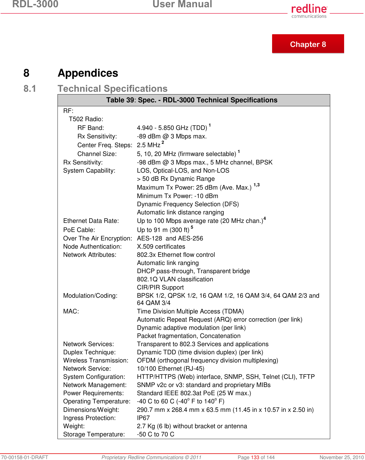 RDL-3000 User Manual 70-00158-01-DRAFT Proprietary Redline Communications © 2011 Page 133 of 144 November 25, 2010 8 Appendices 8.1 Technical Specifications Table 39: Spec. - RDL-3000 Technical Specifications RF: T502 Radio: RF Band: 4.940 - 5.850 GHz (TDD) 1 Rx Sensitivity: -89 dBm @ 3 Mbps max. Center Freq. Steps: 2.5 MHz 2 Channel Size: 5, 10, 20 MHz (firmware selectable) 1 Rx Sensitivity: -98 dBm @ 3 Mbps max., 5 MHz channel, BPSK System Capability: LOS, Optical-LOS, and Non-LOS > 50 dB Rx Dynamic Range Maximum Tx Power: 25 dBm (Ave. Max.) 1,3 Minimum Tx Power: -10 dBm Dynamic Frequency Selection (DFS) Automatic link distance ranging Ethernet Data Rate: Up to 100 Mbps average rate (20 MHz chan.)4 PoE Cable: Up to 91 m (300 ft) 5 Over The Air Encryption: AES-128 and AES-256 Node Authentication: X.509 certificates Network Attributes: 802.3x Ethernet flow control Automatic link ranging DHCP pass-through, Transparent bridge 802.1Q VLAN classification CIR/PIR Support Modulation/Coding: BPSK 1/2, QPSK 1/2, 16 QAM 1/2, 16 QAM 3/4, 64 QAM 2/3 and 64 QAM 3/4 MAC: Time Division Multiple Access (TDMA) Automatic Repeat Request (ARQ) error correction (per link) Dynamic adaptive modulation (per link) Packet fragmentation, Concatenation Network Services: Transparent to 802.3 Services and applications Duplex Technique: Dynamic TDD (time division duplex) (per link) Wireless Transmission: OFDM (orthogonal frequency division multiplexing) Network Service: 10/100 Ethernet (RJ-45) System Configuration: HTTP/HTTPS (Web) interface, SNMP, SSH, Telnet (CLI), TFTP Network Management: SNMP v2c or v3: standard and proprietary MIBs Power Requirements: Standard IEEE 802.3at PoE (25 W max.) Operating Temperature: -40 C to 60 C (-40o F to 140o F) Dimensions/Weight: 290.7 mm x 268.4 mm x 63.5 mm (11.45 in x 10.57 in x 2.50 in) Ingress Protection: IP67 Weight: 2.7 Kg (6 lb) without bracket or antenna Storage Temperature: -50 C to 70 C Chapter 8