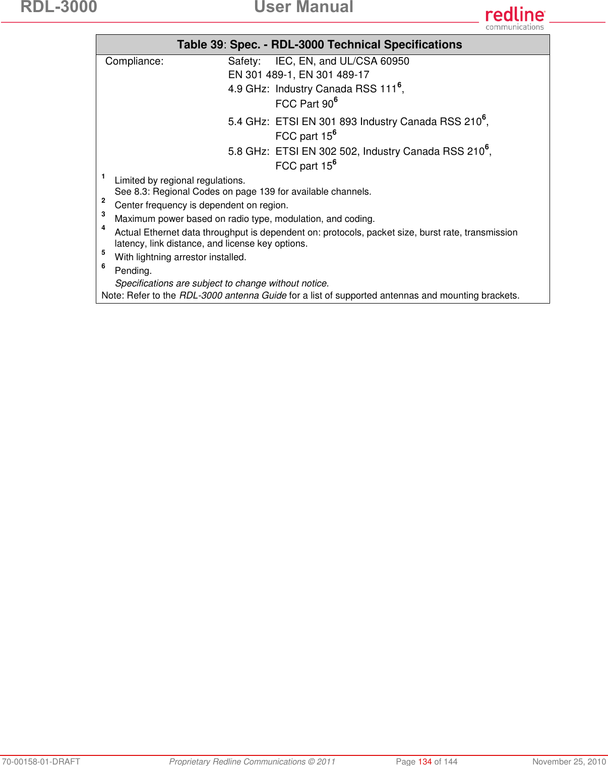 RDL-3000 User Manual 70-00158-01-DRAFT Proprietary Redline Communications © 2011 Page 134 of 144 November 25, 2010 Table 39: Spec. - RDL-3000 Technical Specifications Compliance: Safety: IEC, EN, and UL/CSA 60950 EN 301 489-1, EN 301 489-17 4.9 GHz: Industry Canada RSS 1116, FCC Part 906 5.4 GHz: ETSI EN 301 893 Industry Canada RSS 2106, FCC part 156 5.8 GHz: ETSI EN 302 502, Industry Canada RSS 2106, FCC part 156 1 Limited by regional regulations. See 8.3: Regional Codes on page 139 for available channels. 2 Center frequency is dependent on region. 3 Maximum power based on radio type, modulation, and coding. 4 Actual Ethernet data throughput is dependent on: protocols, packet size, burst rate, transmission latency, link distance, and license key options. 5 With lightning arrestor installed. 6 Pending. Specifications are subject to change without notice. Note: Refer to the RDL-3000 antenna Guide for a list of supported antennas and mounting brackets.