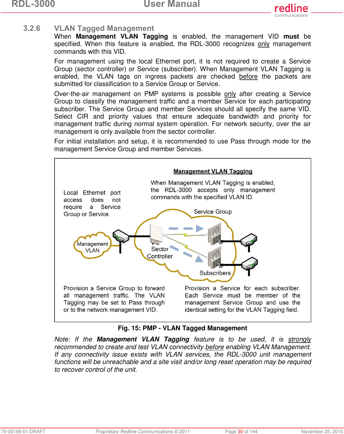 RDL-3000 User Manual 70-00158-01-DRAFT Proprietary Redline Communications © 2011 Page 30 of 144 November 25, 2010 3.2.6 VLAN Tagged Management When Management VLAN Tagging is enabled, the management VID must be specified. When this feature is enabled, the RDL-3000 recognizes only management commands with this VID. For management using the local Ethernet port, it is not required to create a Service Group (sector controller) or Service (subscriber). When Management VLAN Tagging is enabled, the VLAN tags on ingress packets are checked before the packets are submitted for classification to a Service Group or Service. Over-the-air management on PMP systems is possible only after creating a Service Group to classify the management traffic and a member Service for each participating subscriber. The Service Group and member Services should all specify the same VID. Select CIR and priority values that ensure adequate bandwidth and priority for management traffic during normal system operation. For network security, over the air management is only available from the sector controller. For initial installation and setup, it is recommended to use Pass through mode for the management Service Group and member Services. Fig. 15: PMP - VLAN Tagged Management Note: If the Management VLAN Tagging feature is to be used, it is strongly recommended to create and test VLAN connectivity before enabling VLAN Management. If any connectivity issue exists with VLAN services, the RDL-3000 unit management functions will be unreachable and a site visit and/or long reset operation may be required to recover control of the unit.
