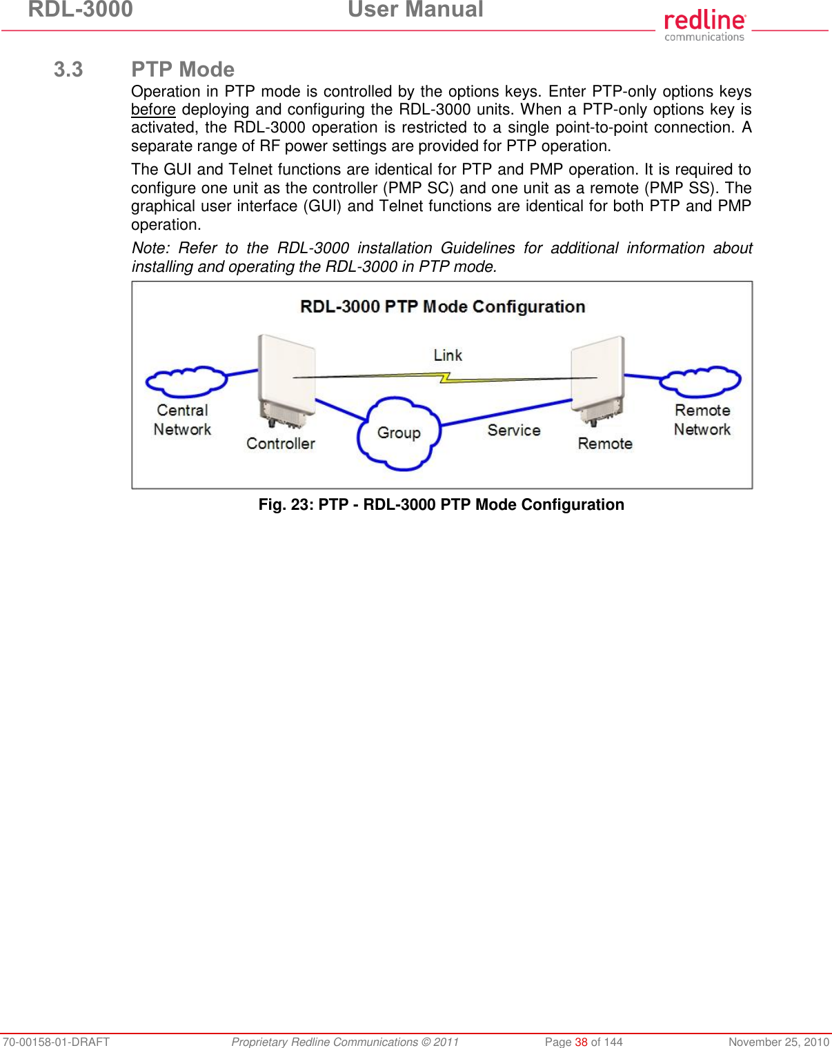 RDL-3000 User Manual 70-00158-01-DRAFT Proprietary Redline Communications © 2011 Page 38 of 144 November 25, 2010 3.3 PTP Mode Operation in PTP mode is controlled by the options keys. Enter PTP-only options keys before deploying and configuring the RDL-3000 units. When a PTP-only options key is activated, the RDL-3000 operation is restricted to a single point-to-point connection. A separate range of RF power settings are provided for PTP operation. The GUI and Telnet functions are identical for PTP and PMP operation. It is required to configure one unit as the controller (PMP SC) and one unit as a remote (PMP SS). The graphical user interface (GUI) and Telnet functions are identical for both PTP and PMP operation. Note: Refer to the RDL-3000 installation Guidelines for additional information about installing and operating the RDL-3000 in PTP mode. Fig. 23: PTP - RDL-3000 PTP Mode Configuration