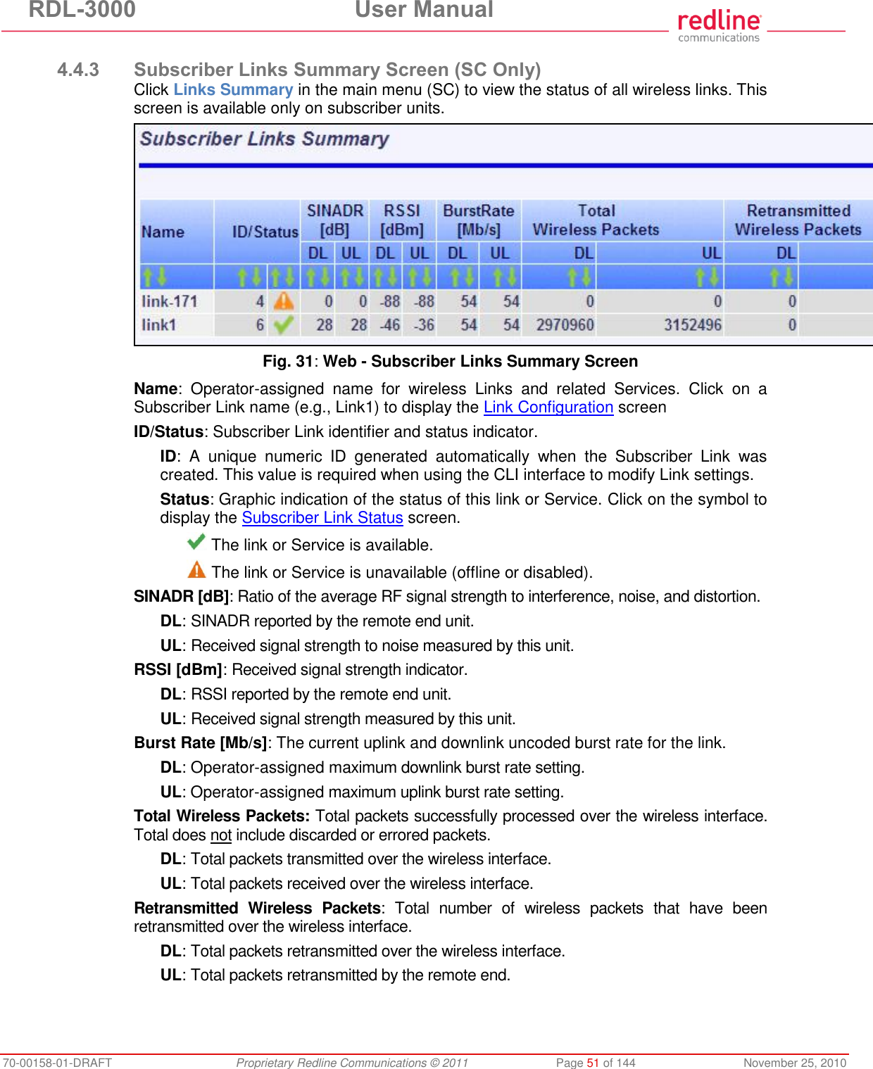 RDL-3000  User Manual 70-00158-01-DRAFT  Proprietary Redline Communications © 2011  Page 51 of 144  November 25, 2010  4.4.3 Subscriber Links Summary Screen (SC Only) Click Links Summary in the main menu (SC) to view the status of all wireless links. This screen is available only on subscriber units.  Fig. 31: Web - Subscriber Links Summary Screen Name:  Operator-assigned  name  for  wireless  Links  and  related  Services.  Click  on  a Subscriber Link name (e.g., Link1) to display the Link Configuration screen ID/Status: Subscriber Link identifier and status indicator. ID:  A  unique  numeric  ID  generated  automatically  when  the  Subscriber  Link  was created. This value is required when using the CLI interface to modify Link settings. Status: Graphic indication of the status of this link or Service. Click on the symbol to display the Subscriber Link Status screen.  The link or Service is available.  The link or Service is unavailable (offline or disabled). SINADR [dB]: Ratio of the average RF signal strength to interference, noise, and distortion. DL: SINADR reported by the remote end unit. UL: Received signal strength to noise measured by this unit. RSSI [dBm]: Received signal strength indicator. DL: RSSI reported by the remote end unit. UL: Received signal strength measured by this unit. Burst Rate [Mb/s]: The current uplink and downlink uncoded burst rate for the link. DL: Operator-assigned maximum downlink burst rate setting. UL: Operator-assigned maximum uplink burst rate setting. Total Wireless Packets: Total packets successfully processed over the wireless interface. Total does not include discarded or errored packets. DL: Total packets transmitted over the wireless interface. UL: Total packets received over the wireless interface. Retransmitted  Wireless  Packets:  Total  number  of  wireless  packets  that  have  been retransmitted over the wireless interface. DL: Total packets retransmitted over the wireless interface. UL: Total packets retransmitted by the remote end. 