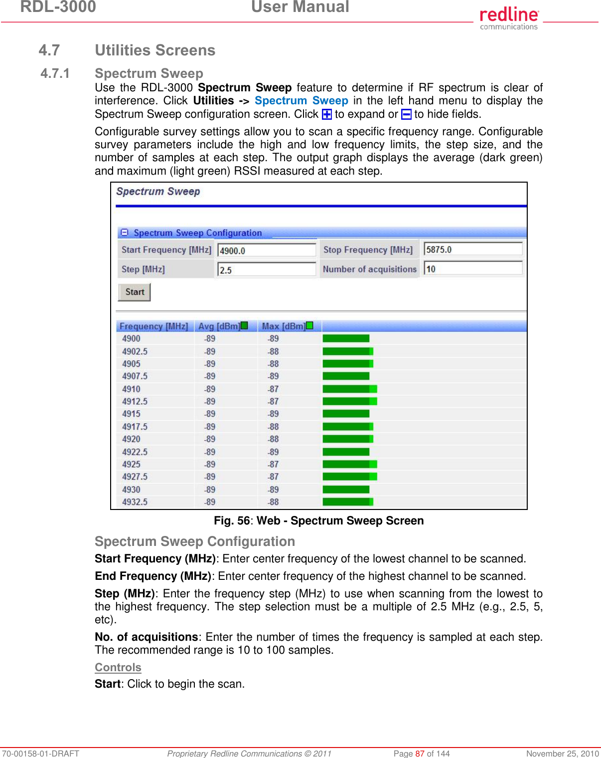 RDL-3000 User Manual 70-00158-01-DRAFT Proprietary Redline Communications © 2011 Page 87 of 144 November 25, 2010 4.7 Utilities Screens 4.7.1 Spectrum Sweep Use the RDL-3000 Spectrum Sweep feature to determine if RF spectrum is clear of interference. Click Utilities -> Spectrum Sweep in the left hand menu to display the Spectrum Sweep configuration screen. Click to expand or to hide fields. Configurable survey settings allow you to scan a specific frequency range. Configurable survey parameters include the high and low frequency limits, the step size, and the number of samples at each step. The output graph displays the average (dark green) and maximum (light green) RSSI measured at each step. Fig. 56: Web - Spectrum Sweep Screen Spectrum Sweep Configuration Start Frequency (MHz): Enter center frequency of the lowest channel to be scanned. End Frequency (MHz): Enter center frequency of the highest channel to be scanned. Step (MHz): Enter the frequency step (MHz) to use when scanning from the lowest to the highest frequency. The step selection must be a multiple of 2.5 MHz (e.g., 2.5, 5, etc). No. of acquisitions: Enter the number of times the frequency is sampled at each step. The recommended range is 10 to 100 samples. Controls Start: Click to begin the scan.