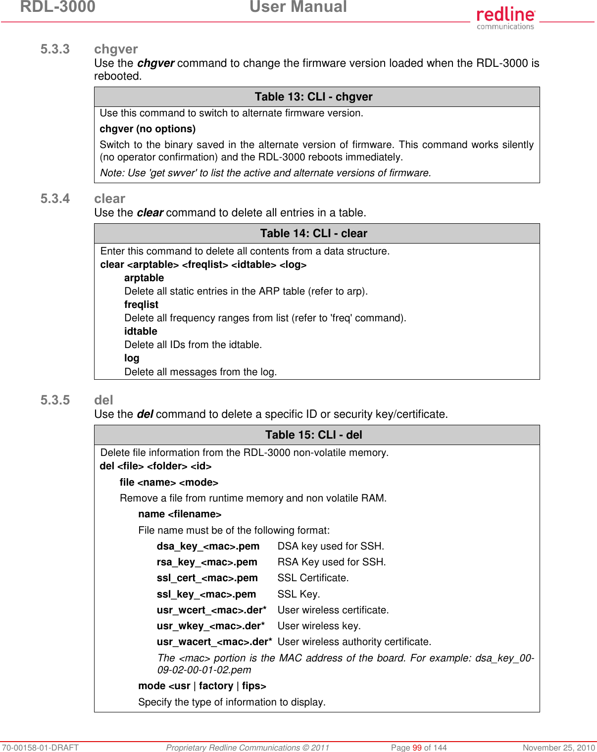 RDL-3000 User Manual 70-00158-01-DRAFT Proprietary Redline Communications © 2011 Page 99 of 144 November 25, 2010 5.3.3 chgver Use the chgver command to change the firmware version loaded when the RDL-3000 is rebooted. Table 13: CLI - chgver Use this command to switch to alternate firmware version. chgver (no options) Switch to the binary saved in the alternate version of firmware. This command works silently (no operator confirmation) and the RDL-3000 reboots immediately. Note: Use 'get swver' to list the active and alternate versions of firmware. 5.3.4 clear Use the clear command to delete all entries in a table. Table 14: CLI - clear Enter this command to delete all contents from a data structure. clear <arptable> <freqlist> <idtable> <log> arptable Delete all static entries in the ARP table (refer to arp). freqlist Delete all frequency ranges from list (refer to 'freq' command). idtable Delete all IDs from the idtable. log Delete all messages from the log. 5.3.5 del Use the del command to delete a specific ID or security key/certificate. Table 15: CLI - del Delete file information from the RDL-3000 non-volatile memory. del <file> <folder> <id> file <name> <mode> Remove a file from runtime memory and non volatile RAM. name <filename> File name must be of the following format: dsa_key_<mac>.pem DSA key used for SSH. rsa_key_<mac>.pem RSA Key used for SSH. ssl_cert_<mac>.pem SSL Certificate. ssl_key_<mac>.pem SSL Key. usr_wcert_<mac>.der* User wireless certificate. usr_wkey_<mac>.der* User wireless key. usr_wacert_<mac>.der* User wireless authority certificate. The <mac> portion is the MAC address of the board. For example: dsa_key_00-09-02-00-01-02.pem mode <usr | factory | fips> Specify the type of information to display.