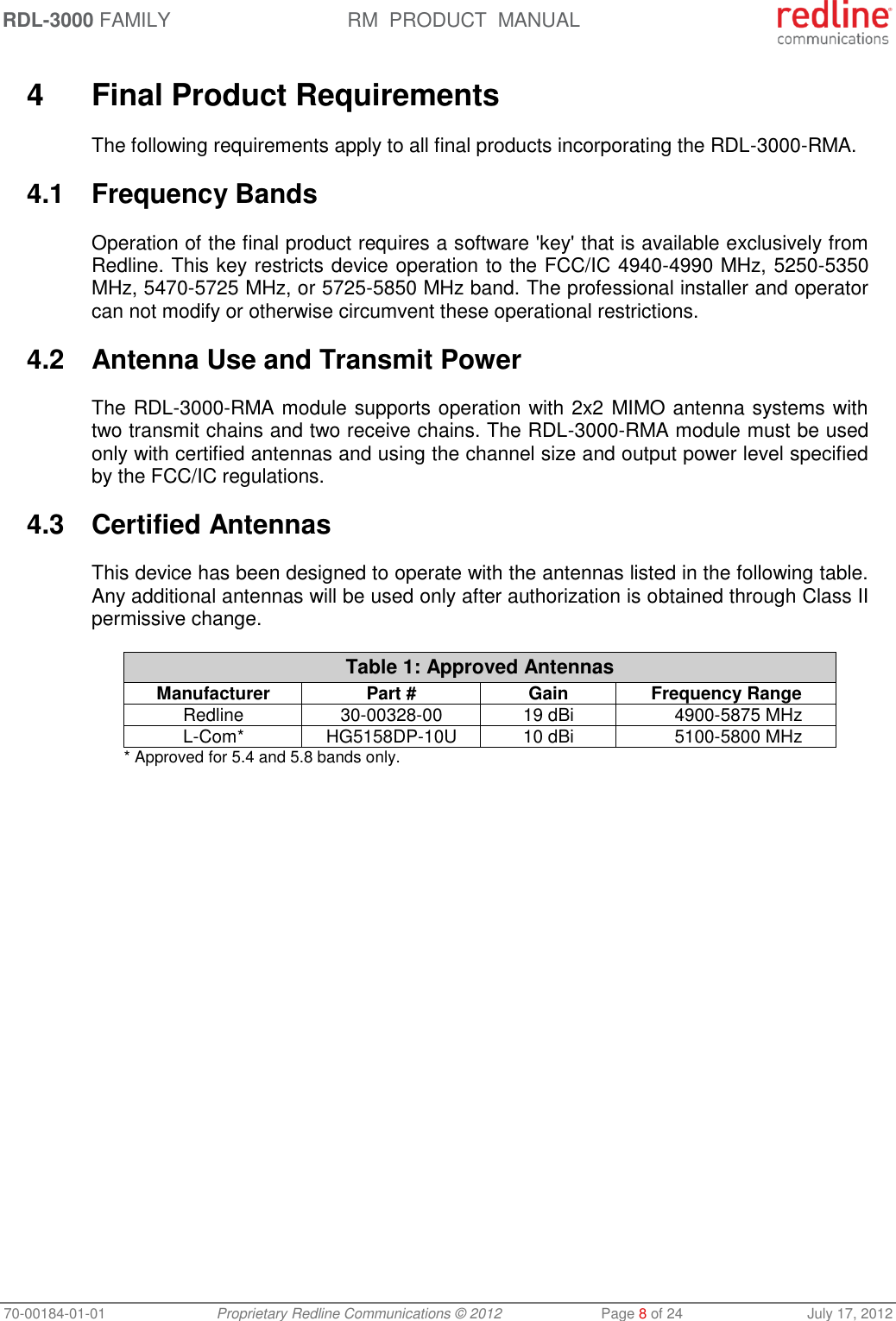 RDL-3000 FAMILY RM  PRODUCT  MANUAL 70-00184-01-01 Proprietary Redline Communications © 2012  Page 8 of 24  July 17, 2012  4  Final Product Requirements The following requirements apply to all final products incorporating the RDL-3000-RMA. 4.1  Frequency Bands Operation of the final product requires a software &apos;key&apos; that is available exclusively from Redline. This key restricts device operation to the FCC/IC 4940-4990 MHz, 5250-5350 MHz, 5470-5725 MHz, or 5725-5850 MHz band. The professional installer and operator can not modify or otherwise circumvent these operational restrictions. 4.2  Antenna Use and Transmit Power The RDL-3000-RMA module supports operation with 2x2 MIMO antenna systems with two transmit chains and two receive chains. The RDL-3000-RMA module must be used only with certified antennas and using the channel size and output power level specified by the FCC/IC regulations. 4.3  Certified Antennas This device has been designed to operate with the antennas listed in the following table. Any additional antennas will be used only after authorization is obtained through Class II permissive change. Table 1: Approved Antennas Manufacturer Part # Gain Frequency Range Redline 30-00328-00 19 dBi 4900-5875 MHz L-Com* HG5158DP-10U 10 dBi 5100-5800 MHz * Approved for 5.4 and 5.8 bands only. 