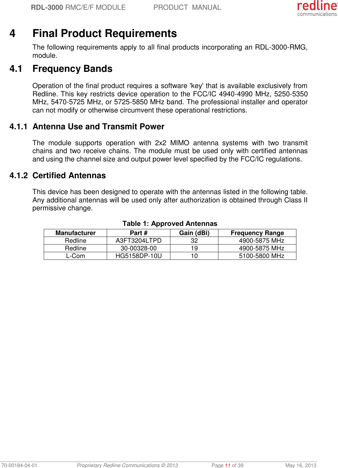  RDL-3000 RMC/E/F MODULE PRODUCT  MANUAL 70-00184-04-01 Proprietary Redline Communications © 2013  Page 11 of 39  May 16, 2013  4  Final Product Requirements The following requirements apply to all final products incorporating an RDL-3000-RMG, module. 4.1  Frequency Bands Operation of the final product requires a software &apos;key&apos; that is available exclusively from Redline. This key restricts device operation to the FCC/IC 4940-4990 MHz, 5250-5350 MHz, 5470-5725 MHz, or 5725-5850 MHz band. The professional installer and operator can not modify or otherwise circumvent these operational restrictions. 4.1.1  Antenna Use and Transmit Power The  module  supports  operation  with  2x2  MIMO  antenna  systems  with  two  transmit chains and two receive chains. The module must be used only with certified antennas and using the channel size and output power level specified by the FCC/IC regulations. 4.1.2 Certified Antennas This device has been designed to operate with the antennas listed in the following table. Any additional antennas will be used only after authorization is obtained through Class II permissive change. Table 1: Approved Antennas Manufacturer Part # Gain (dBi) Frequency Range Redline A3FT3204LTPD 32 4900-5875 MHz Redline 30-00328-00 19 4900-5875 MHz L-Com HG5158DP-10U 10 5100-5800 MHz  