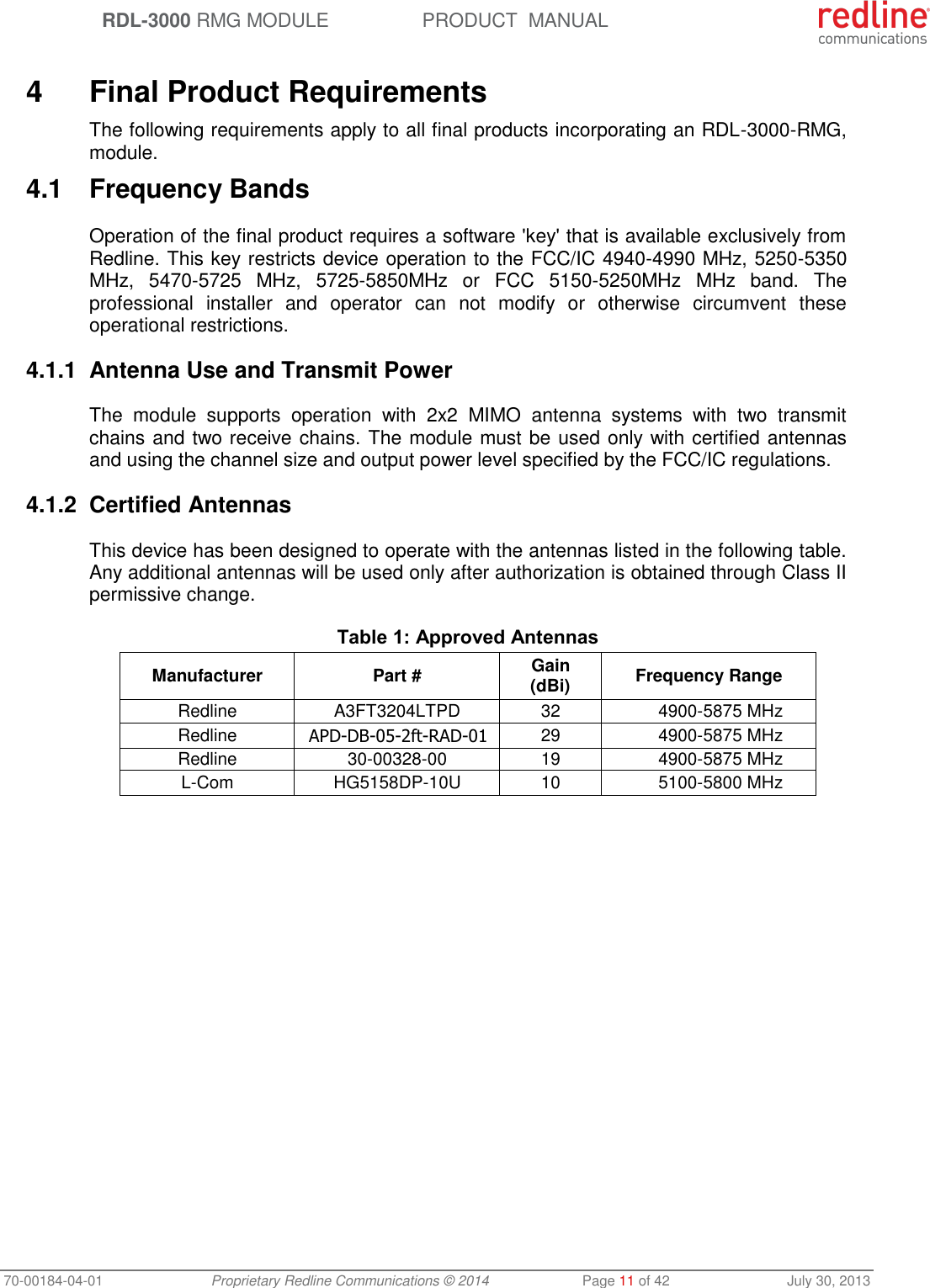 RDL-3000 RMG MODULE PRODUCT MANUAL 70-00184-04-01 Proprietary Redline Communications © 2014 Page 11 of 42 July 30, 2013 4 Final Product Requirements The following requirements apply to all final products incorporating an RDL-3000-RMG, module. 4.1 Frequency Bands Operation of the final product requires a software 'key' that is available exclusively from Redline. This key restricts device operation to the FCC/IC 4940-4990 MHz, 5250-5350 MHz, 5470-5725 MHz, 5725-5850MHz or FCC 5150-5250MHz MHz band. The professional installer and operator can not modify or otherwise circumvent these operational restrictions. 4.1.1 Antenna Use and Transmit Power The module supports operation with 2x2 MIMO antenna systems with two transmit chains and two receive chains. The module must be used only with certified antennas and using the channel size and output power level specified by the FCC/IC regulations. 4.1.2 Certified Antennas This device has been designed to operate with the antennas listed in the following table. Any additional antennas will be used only after authorization is obtained through Class II permissive change. Table 1: Approved Antennas Manufacturer Part # Gain (dBi) Frequency Range Redline A3FT3204LTPD 32 4900-5875 MHz Redline APD-DB-05-2ft-RAD-01 29 4900-5875 MHz Redline 30-00328-00 19 4900-5875 MHz L-Com HG5158DP-10U 10 5100-5800 MHz