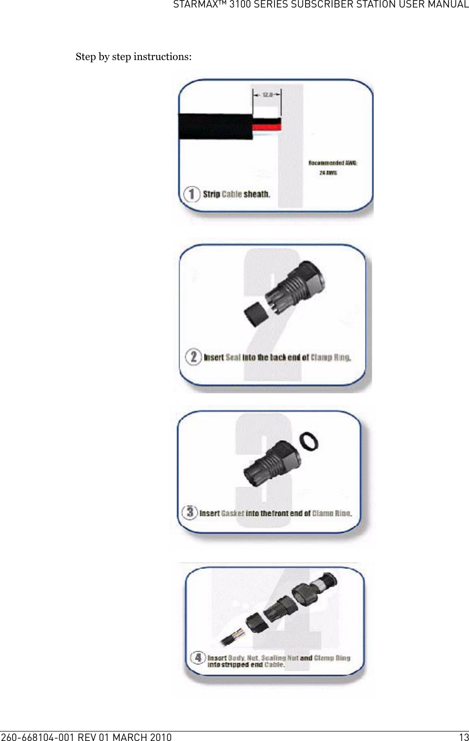 260-668104-001 REV 01 MARCH 2010 13STARMAX™ 3100 SERIES SUBSCRIBER STATION USER MANUALStep by step instructions: