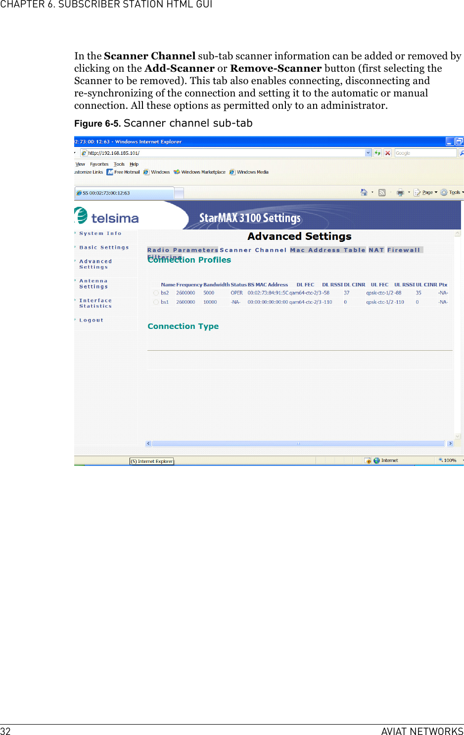 32 AVIAT NETWORKSCHAPTER 6. SUBSCRIBER STATION HTML GUIIn the Scanner Channel sub-tab scanner information can be added or removed by clicking on the Add-Scanner or Remove-Scanner button (first selecting the Scanner to be removed). This tab also enables connecting, disconnecting and re-synchronizing of the connection and setting it to the automatic or manual connection. All these options as permitted only to an administrator.Figure 6-5. Scanner channel sub-tab