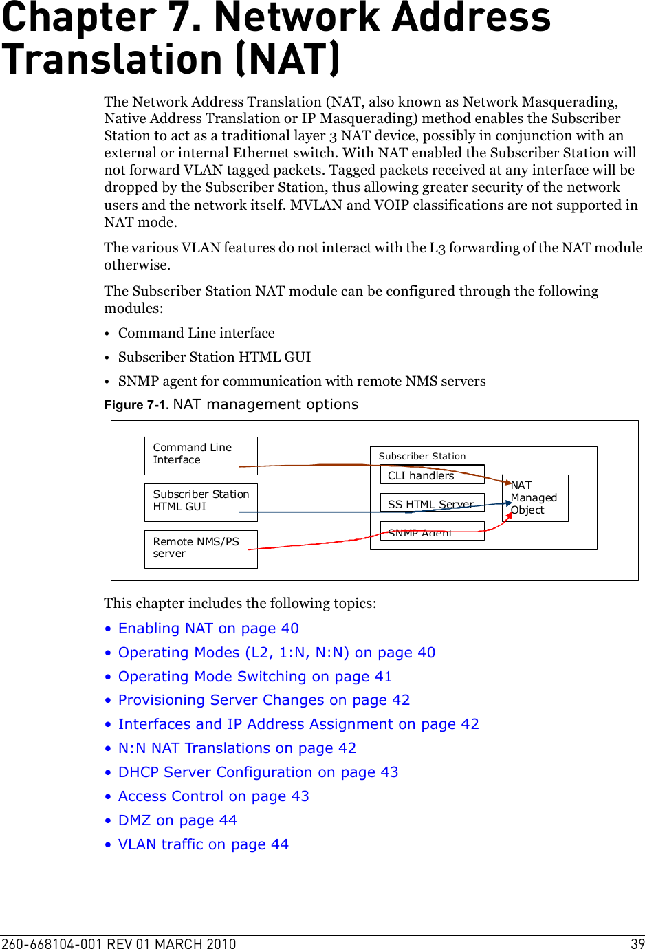 260-668104-001 REV 01 MARCH 2010 39Chapter 7. Network Address Translation (NAT)The Network Address Translation (NAT, also known as Network Masquerading, Native Address Translation or IP Masquerading) method enables the Subscriber Station to act as a traditional layer 3 NAT device, possibly in conjunction with an external or internal Ethernet switch. With NAT enabled the Subscriber Station will not forward VLAN tagged packets. Tagged packets received at any interface will be dropped by the Subscriber Station, thus allowing greater security of the network users and the network itself. MVLAN and VOIP classifications are not supported in NAT mode.The various VLAN features do not interact with the L3 forwarding of the NAT module otherwise.The Subscriber Station NAT module can be configured through the following modules:• Command Line interface • Subscriber Station HTML GUI• SNMP agent for communication with remote NMS serversFigure 7-1. NAT management optionsThis chapter includes the following topics:• Enabling NAT on page 40• Operating Modes (L2, 1:N, N:N) on page 40• Operating Mode Switching on page 41• Provisioning Server Changes on page 42• Interfaces and IP Address Assignment on page 42• N:N NAT Translations on page 42• DHCP Server Configuration on page 43• Access Control on page 43• DMZ on page 44• VLAN traffic on page 44 Command Line Interface Subscriber Station HTML GUI Remote NMS/PS server Subscriber Station CLI handlers SS HTML Server SNMP AgentNAT Managed Object 