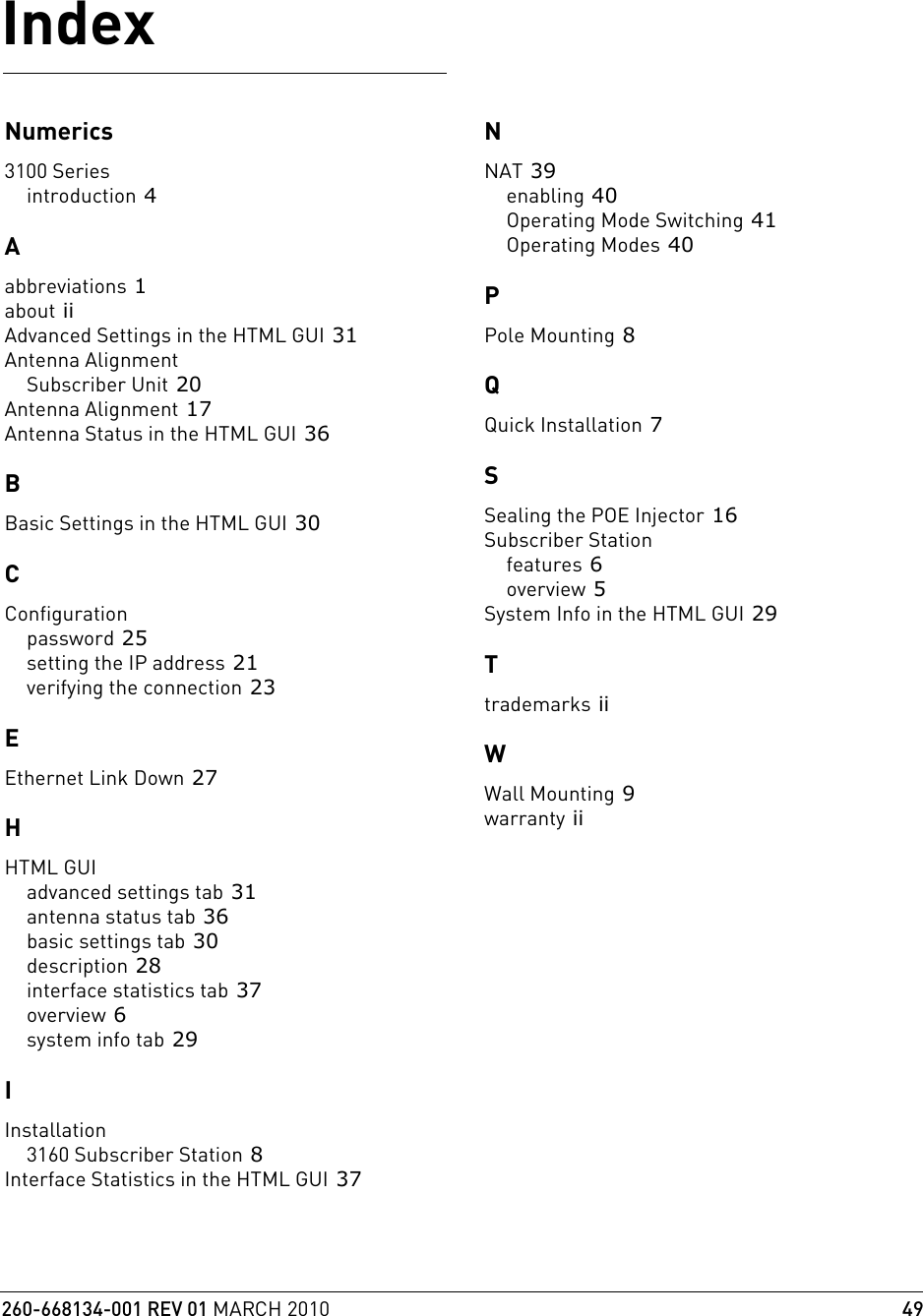 260-668134-001 REV 01 MARCH 2010 49IndexNumerics3100 Seriesintroduction 4Aabbreviations 1about iiAdvanced Settings in the HTML GUI 31Antenna AlignmentSubscriber Unit 20Antenna Alignment 17Antenna Status in the HTML GUI 36BBasic Settings in the HTML GUI 30CConfigurationpassword 25setting the IP address 21verifying the connection 23EEthernet Link Down 27HHTML GUIadvanced settings tab 31antenna status tab 36basic settings tab 30description 28interface statistics tab 37overview 6system info tab 29IInstallation3160 Subscriber Station 8Interface Statistics in the HTML GUI 37NNAT 39enabling 40Operating Mode Switching 41Operating Modes 40PPole Mounting 8QQuick Installation 7SSealing the POE Injector 16Subscriber Stationfeatures 6overview 5System Info in the HTML GUI 29Ttrademarks iiWWall Mounting 9warranty ii