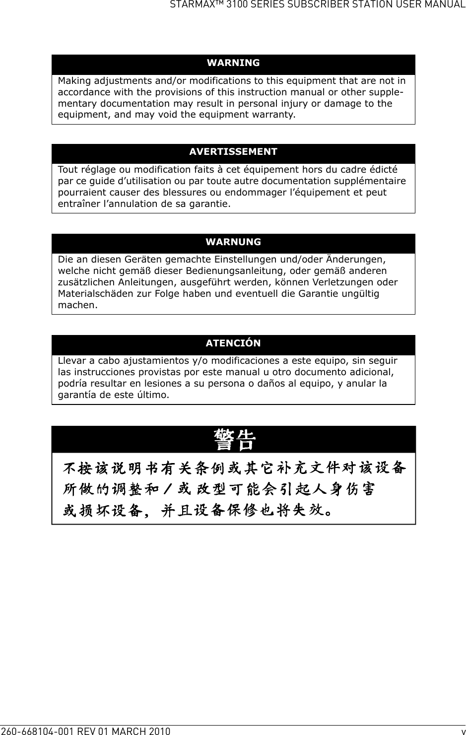 260-668104-001 REV 01 MARCH 2010 vSTARMAX™ 3100 SERIES SUBSCRIBER STATION USER MANUALWARNINGMaking adjustments and/or modifications to this equipment that are not in accordance with the provisions of this instruction manual or other supple-mentary documentation may result in personal injury or damage to the equipment, and may void the equipment warranty.AVERTISSEMENTTout réglage ou modification faits à cet équipement hors du cadre édicté par ce guide d’utilisation ou par toute autre documentation supplémentaire pourraient causer des blessures ou endommager l’équipement et peut entraîner l’annulation de sa garantie.WARNUNGDie an diesen Geräten gemachte Einstellungen und/oder Änderungen, welche nicht gemäß dieser Bedienungsanleitung, oder gemäß anderen zusätzlichen Anleitungen, ausgeführt werden, können Verletzungen oder Materialschäden zur Folge haben und eventuell die Garantie ungültig machen.ATENCIÓNLlevar a cabo ajustamientos y/o modificaciones a este equipo, sin seguir las instrucciones provistas por este manual u otro documento adicional, podría resultar en lesiones a su persona o daños al equipo, y anular la garantía de este último.