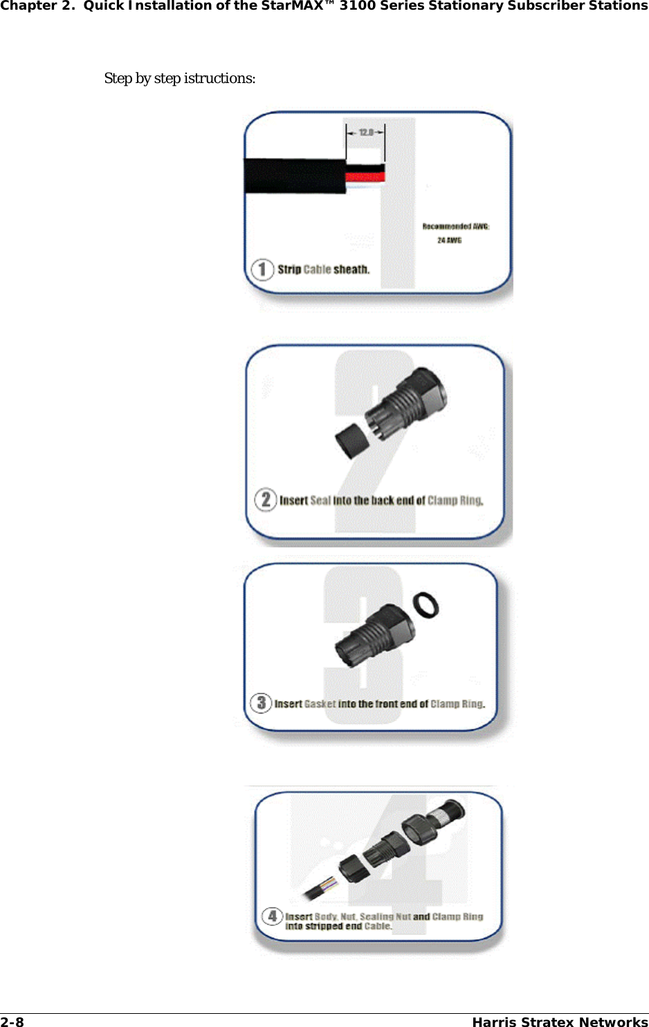 2-8 Harris Stratex NetworksChapter 2.  Quick Installation of the StarMAX™ 3100 Series Stationary Subscriber StationsStep by step istructions: