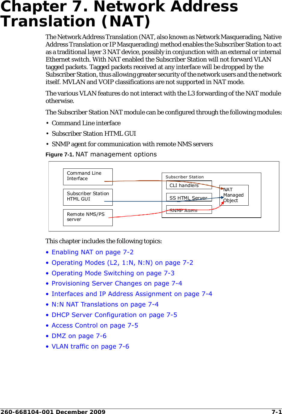 260-668104-001 December 2009 7-1Chapter 7. Network Address Translation (NAT)The Network Address Translation (NAT, also known as Network Masquerading, Native Address Translation or IP Masquerading) method enables the Subscriber Station to act as a traditional layer 3 NAT device, possibly in conjunction with an external or internal Ethernet switch. With NAT enabled the Subscriber Station will not forward VLAN tagged packets. Tagged packets received at any interface will be dropped by the Subscriber Station, thus allowing greater security of the network users and the network itself. MVLAN and VOIP classifications are not supported in NAT mode.The various VLAN features do not interact with the L3 forwarding of the NAT module otherwise.The Subscriber Station NAT module can be configured through the following modules:• Command Line interface • Subscriber Station HTML GUI• SNMP agent for communication with remote NMS serversFigure 7-1. NAT management optionsThis chapter includes the following topics:• Enabling NAT on page 7-2• Operating Modes (L2, 1:N, N:N) on page 7-2• Operating Mode Switching on page 7-3• Provisioning Server Changes on page 7-4• Interfaces and IP Address Assignment on page 7-4• N:N NAT Translations on page 7-4• DHCP Server Configuration on page 7-5• Access Control on page 7-5• DMZ on page 7-6• VLAN traffic on page 7-6 Command Line Interface Subscriber Station HTML GUI Remote NMS/PS server Subscriber Station CLI handlers SS HTML Server SNMP AgentNAT Managed Object 