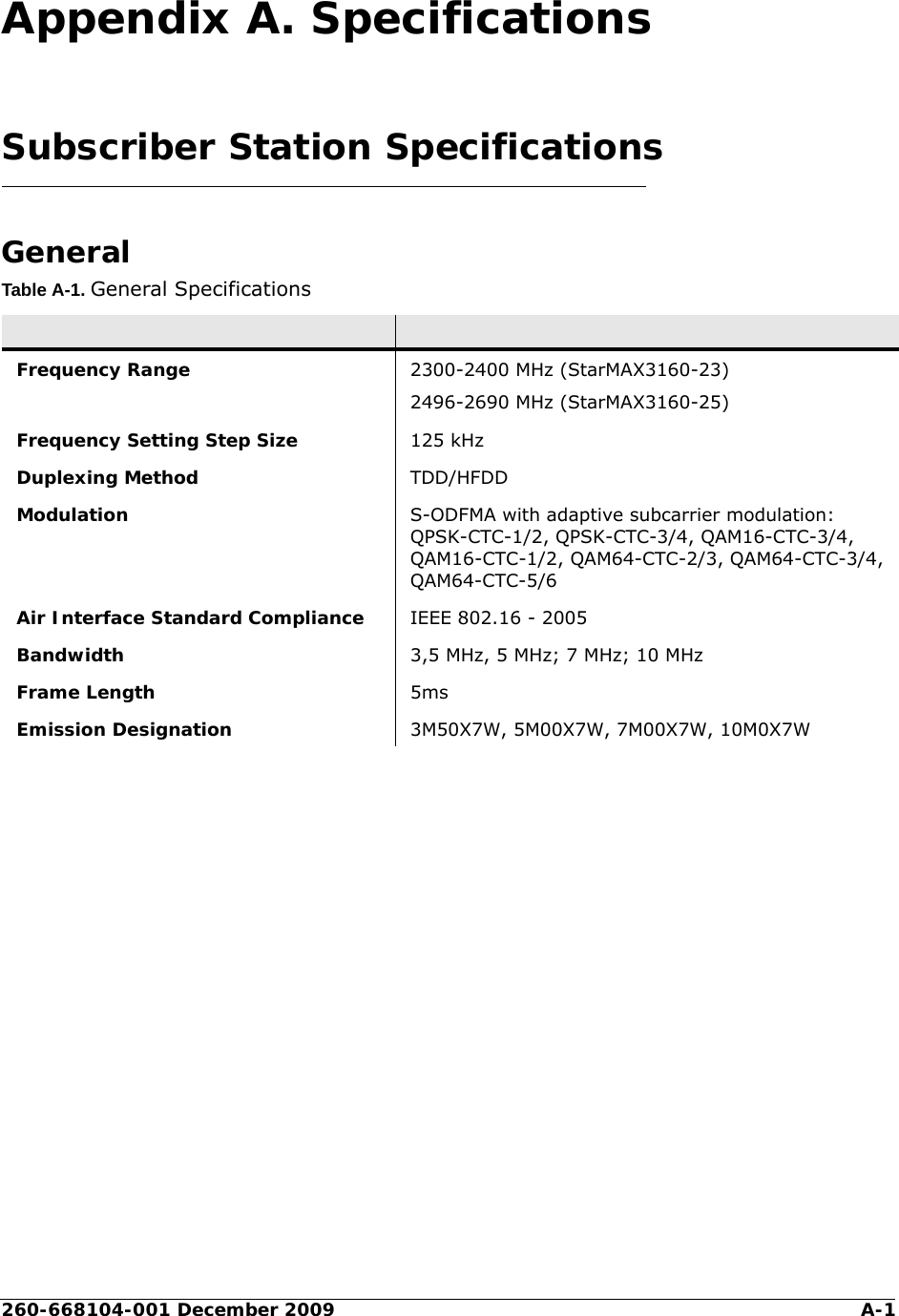 260-668104-001 December 2009 A-1Appendix A. SpecificationsSubscriber Station SpecificationsGeneralTable A-1. General SpecificationsFrequency Range 2300-2400 MHz (StarMAX3160-23)2496-2690 MHz (StarMAX3160-25)Frequency Setting Step Size 125 kHzDuplexing Method TDD/HFDDModulation S-ODFMA with adaptive subcarrier modulation:QPSK-CTC-1/2, QPSK-CTC-3/4, QAM16-CTC-3/4, QAM16-CTC-1/2, QAM64-CTC-2/3, QAM64-CTC-3/4, QAM64-CTC-5/6Air Interface Standard Compliance IEEE 802.16 - 2005 Bandwidth 3,5 MHz, 5 MHz; 7 MHz; 10 MHzFrame Length 5msEmission Designation 3M50X7W, 5M00X7W, 7M00X7W, 10M0X7W