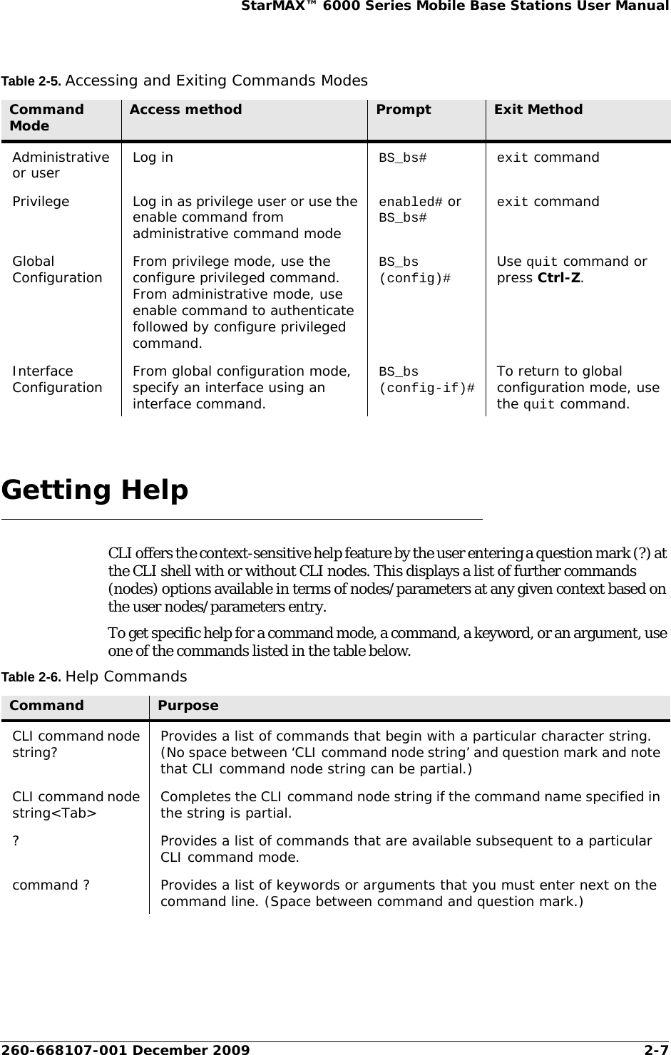 260-668107-001 December 2009 2-7StarMAX™ 6000 Series Mobile Base Stations User ManualTable 2-5. Accessing and Exiting Commands ModesGetting HelpCLI offers the context-sensitive help feature by the user entering a question mark (?) at the CLI shell with or without CLI nodes. This displays a list of further commands (nodes) options available in terms of nodes/parameters at any given context based on the user nodes/parameters entry.To get specific help for a command mode, a command, a keyword, or an argument, use one of the commands listed in the table below.Table 2-6. Help CommandsCommand Mode Access method Prompt Exit MethodAdministrative or user Log in BS_bs# exit commandPrivilege Log in as privilege user or use the enable command from administrative command modeenabled# or BS_bs#exit commandGlobal Configuration From privilege mode, use the configure privileged command. From administrative mode, use enable command to authenticate followed by configure privileged command.BS_bs (config)# Use quit command or press Ctrl-Z.Interface Configuration From global configuration mode, specify an interface using an interface command.BS_bs (config-if)# To return to global configuration mode, use the quit command.Command PurposeCLI command node string? Provides a list of commands that begin with a particular character string. (No space between ‘CLI command node string’ and question mark and note that CLI command node string can be partial.)CLI command node string&lt;Tab&gt; Completes the CLI command node string if the command name specified in the string is partial.? Provides a list of commands that are available subsequent to a particular CLI command mode.command ? Provides a list of keywords or arguments that you must enter next on the command line. (Space between command and question mark.)